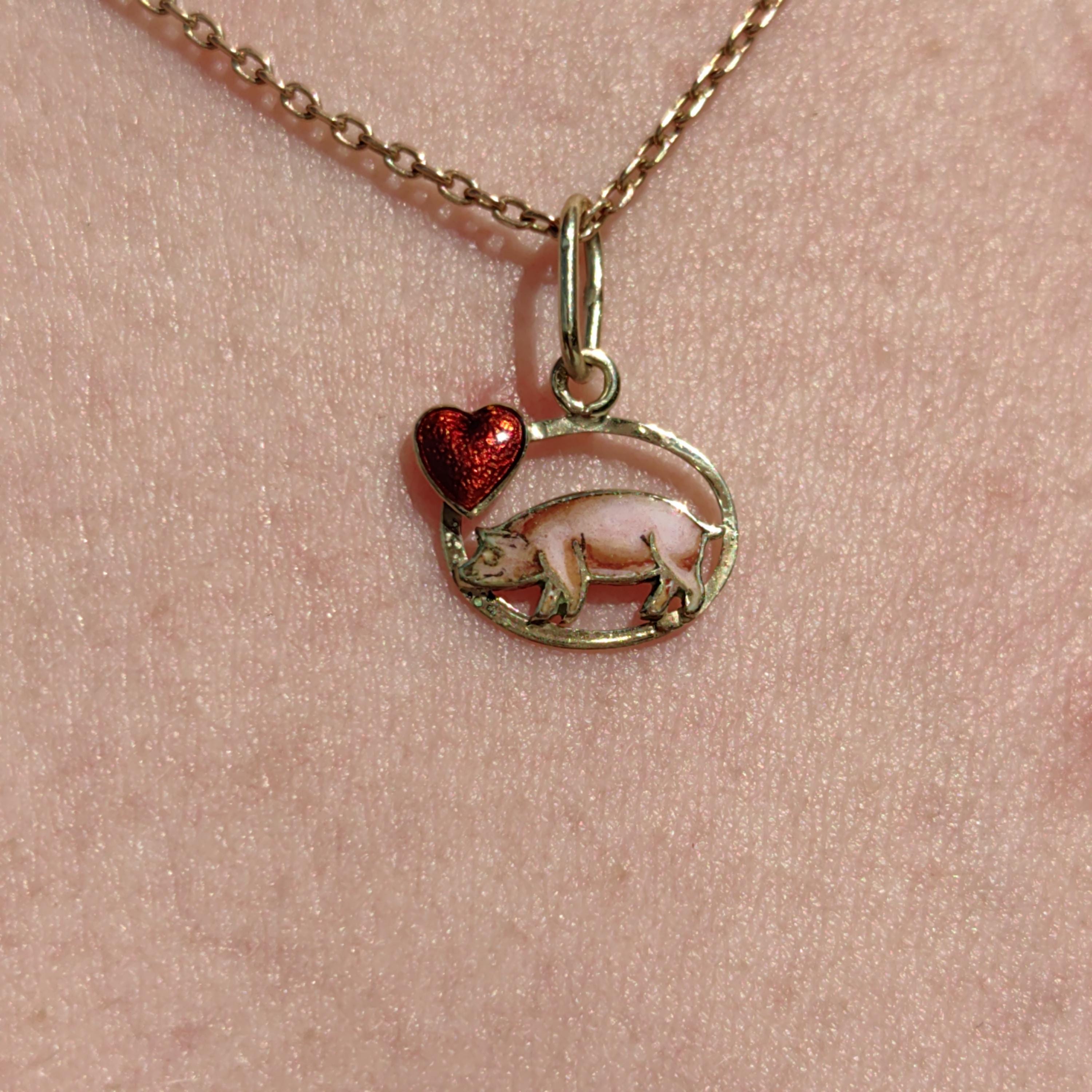 14k Gold Fire Enamel Pig Pendant: Art Nouveau Farm Charm