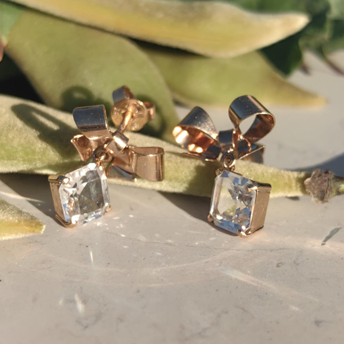 18k Solid Gold Cubic Zirconia Bow Dangle Stud Push Back Closure Elegant Vintage Antique Princess Cut Classic Solitaire Earrings Gift for Her