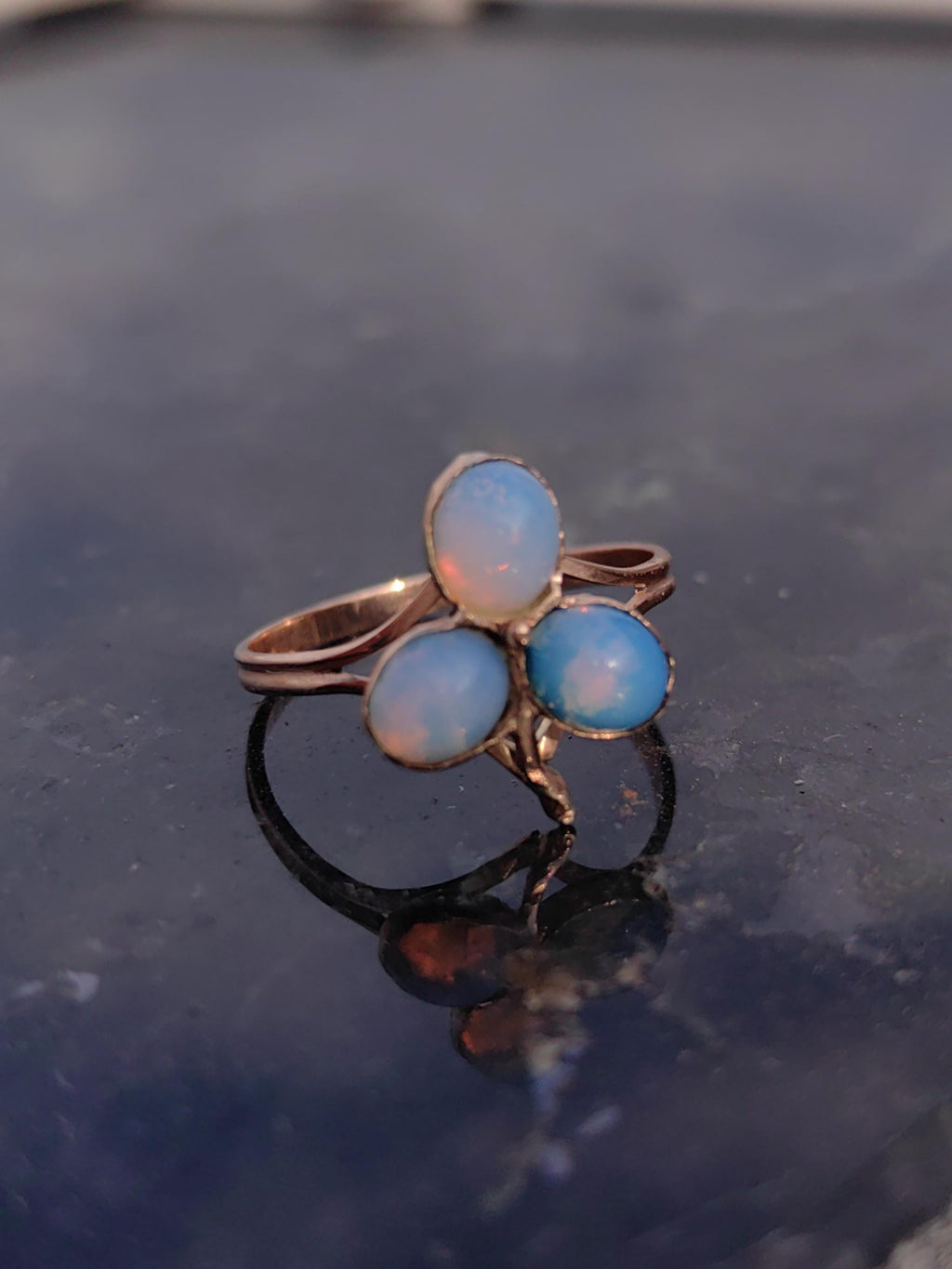 Art Nouveau Antique Opal 1900s Tref Clover Solid 14k Yellow Rose Gold Vintage Floral Flower Dainty Ring Gift for Her Girl Romantic Present.