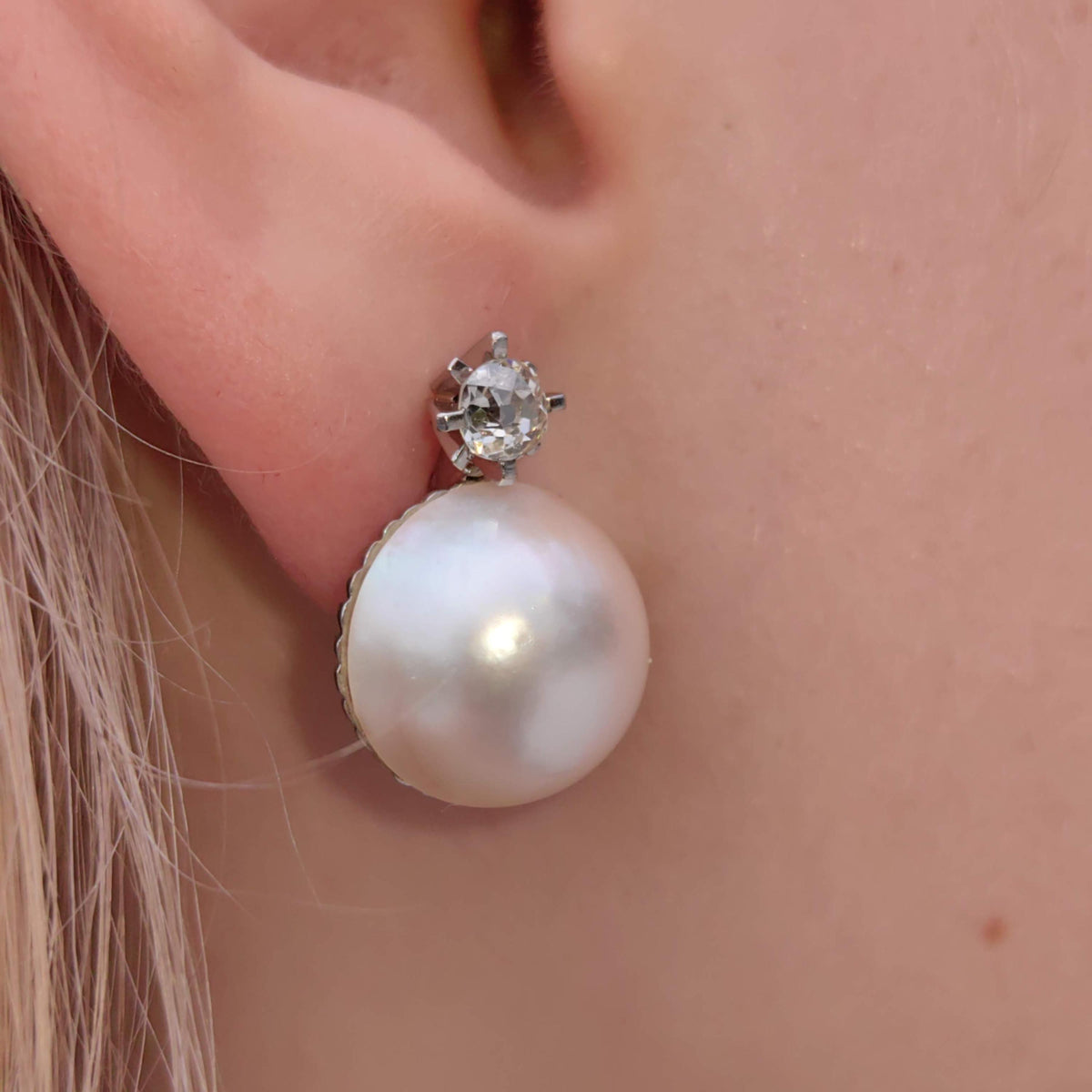 1930s Art Deco Maube Pearl Earrings: 0.74 ct Diamond, 18k White Gold