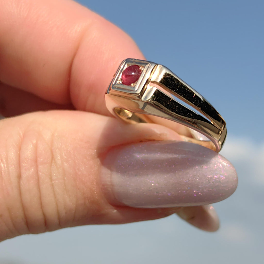 Art Deco Ruby Ring: 14K Yellow Gold Geometric Vintage Engagement