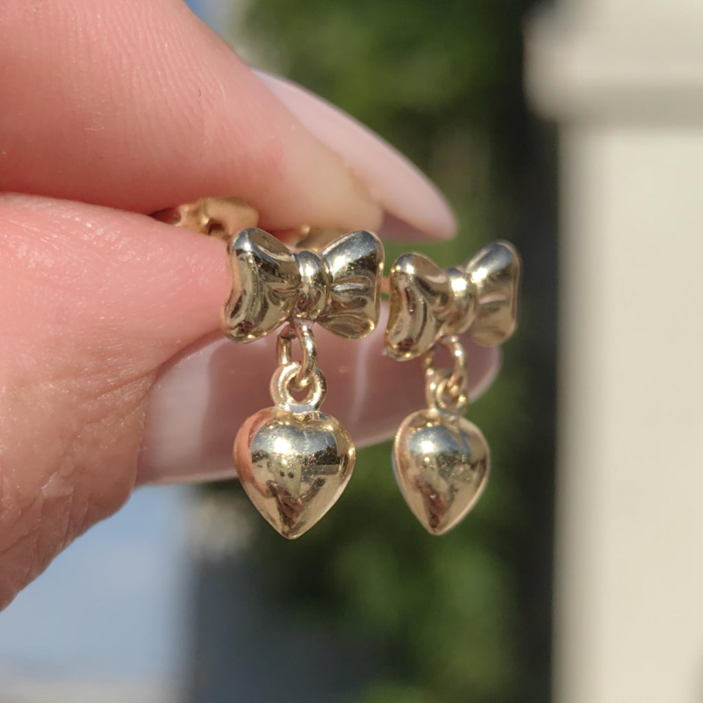 Vintage 14K Solid Yellow Gold Bow Heart Shaped Dainty Earrings Romantic Dangle Studs Push Back Closure Drop Earrings