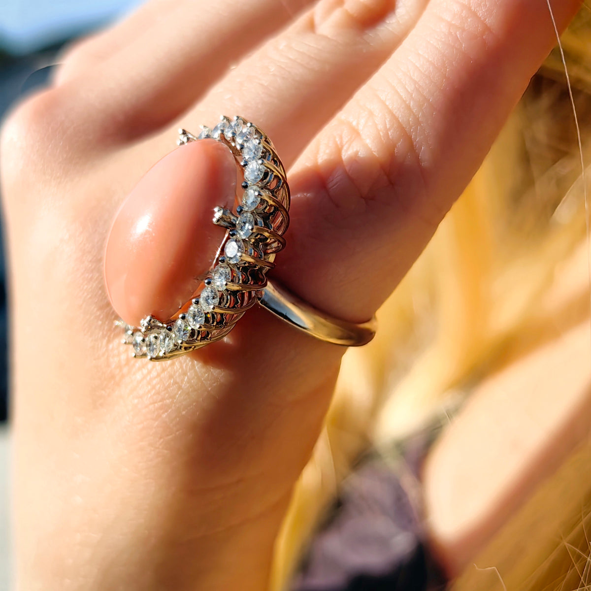 1960s Mid-Century Angel Skin Coral Diamond Ring, 21mm Coral, 1.30ct Diamonds, 18k White Gold, US 5