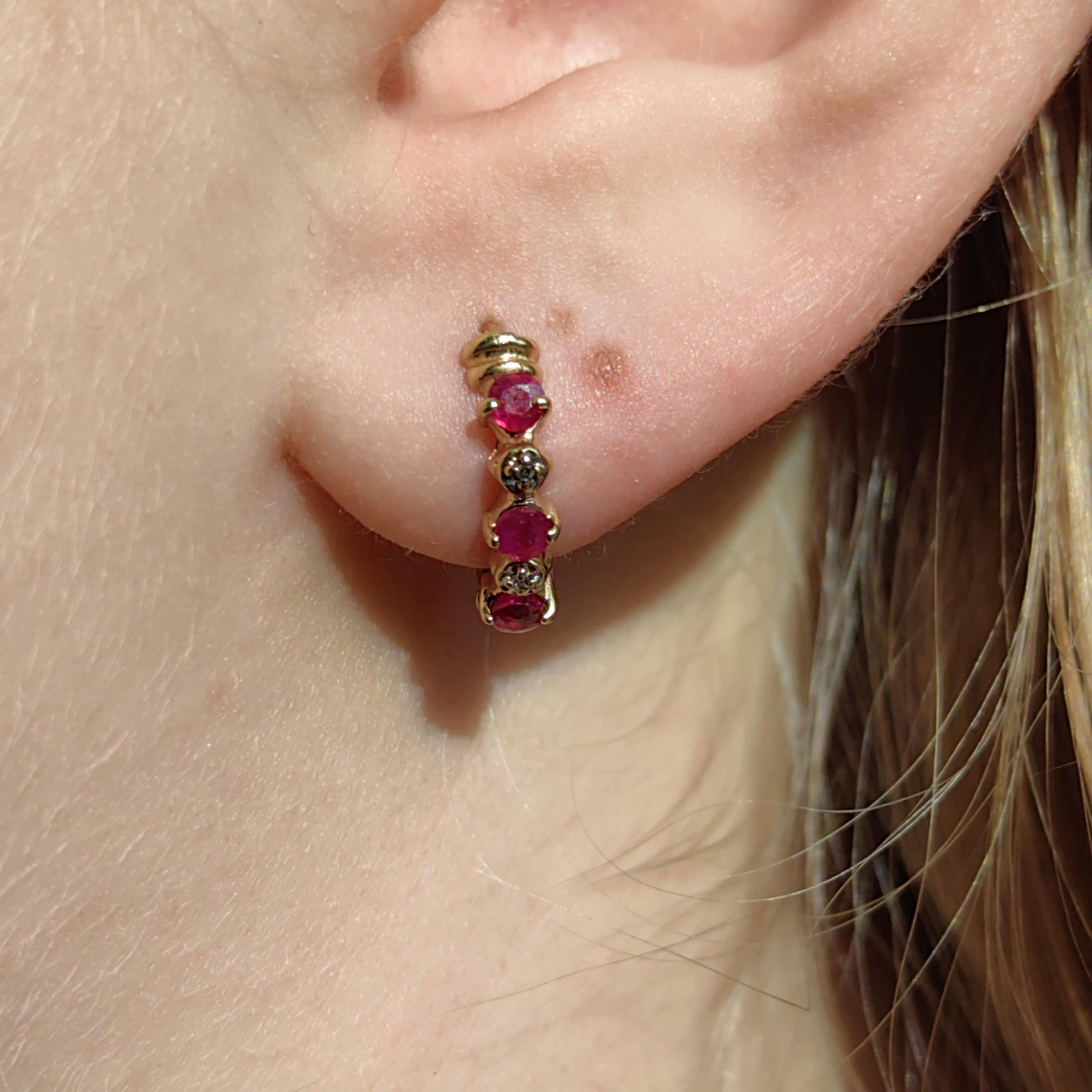 Vintage 14k Yellow Gold Ruby & Diamond Hoop Earrings