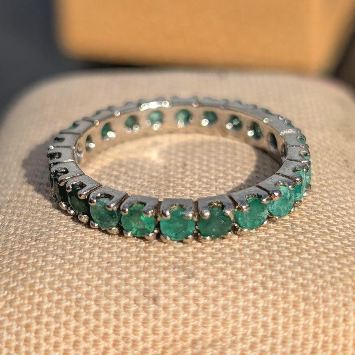 Vintage Natural Emerald Eternity Setting18k Solid White Gold Ring  Stackable Green Engagement  Band Gift for Her Present