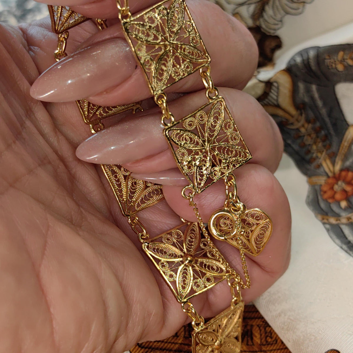 1940s s Antique Vintage 24k Gold Plated Hallmarked 925 Sterling Silver Handmade Filigree Chain Square link Bracelet gift for her wife girl