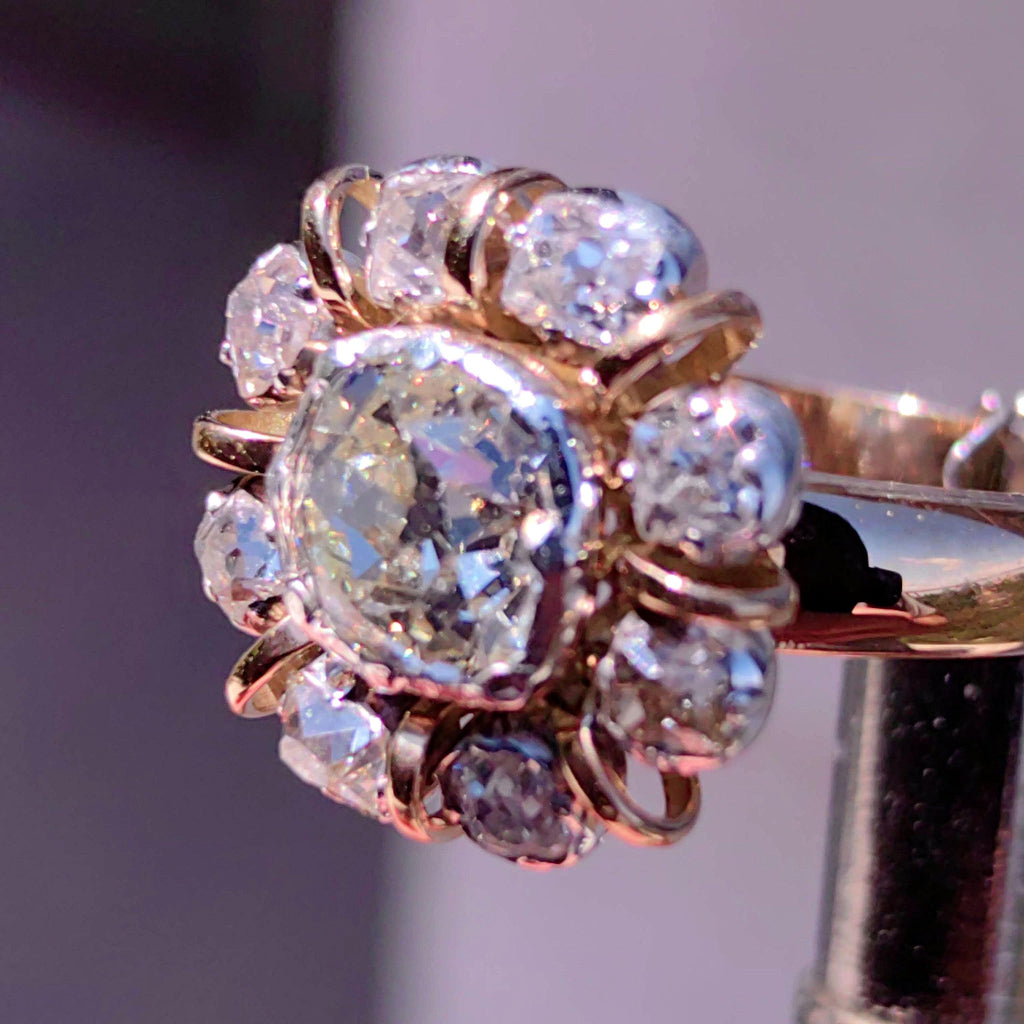Georgian 18k Yellow Gold Diamond Floral Engagement Ring: Antique Statement Ring
