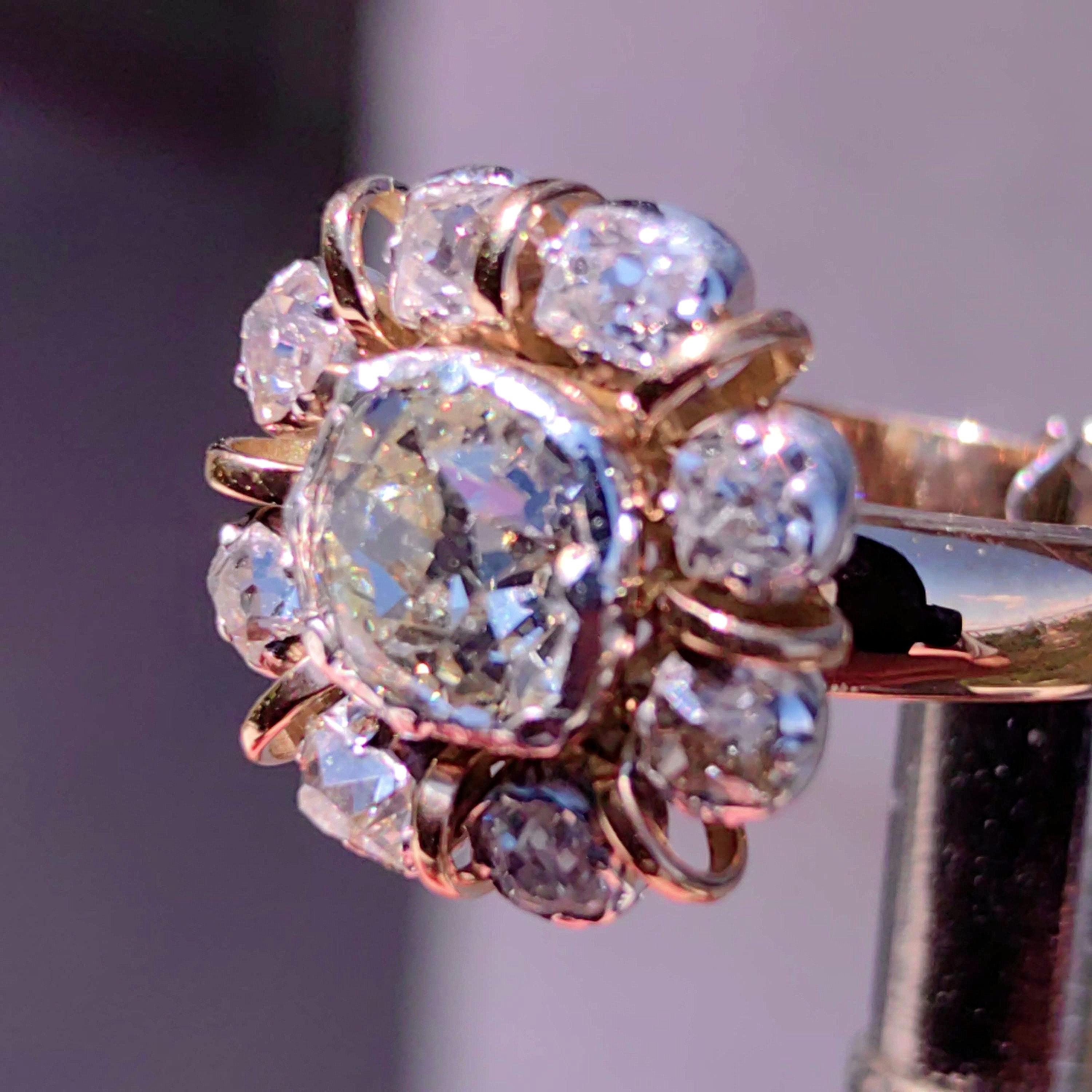 Georgian 18k Yellow Gold Diamond Floral Engagement Ring: Antique Statement Ring