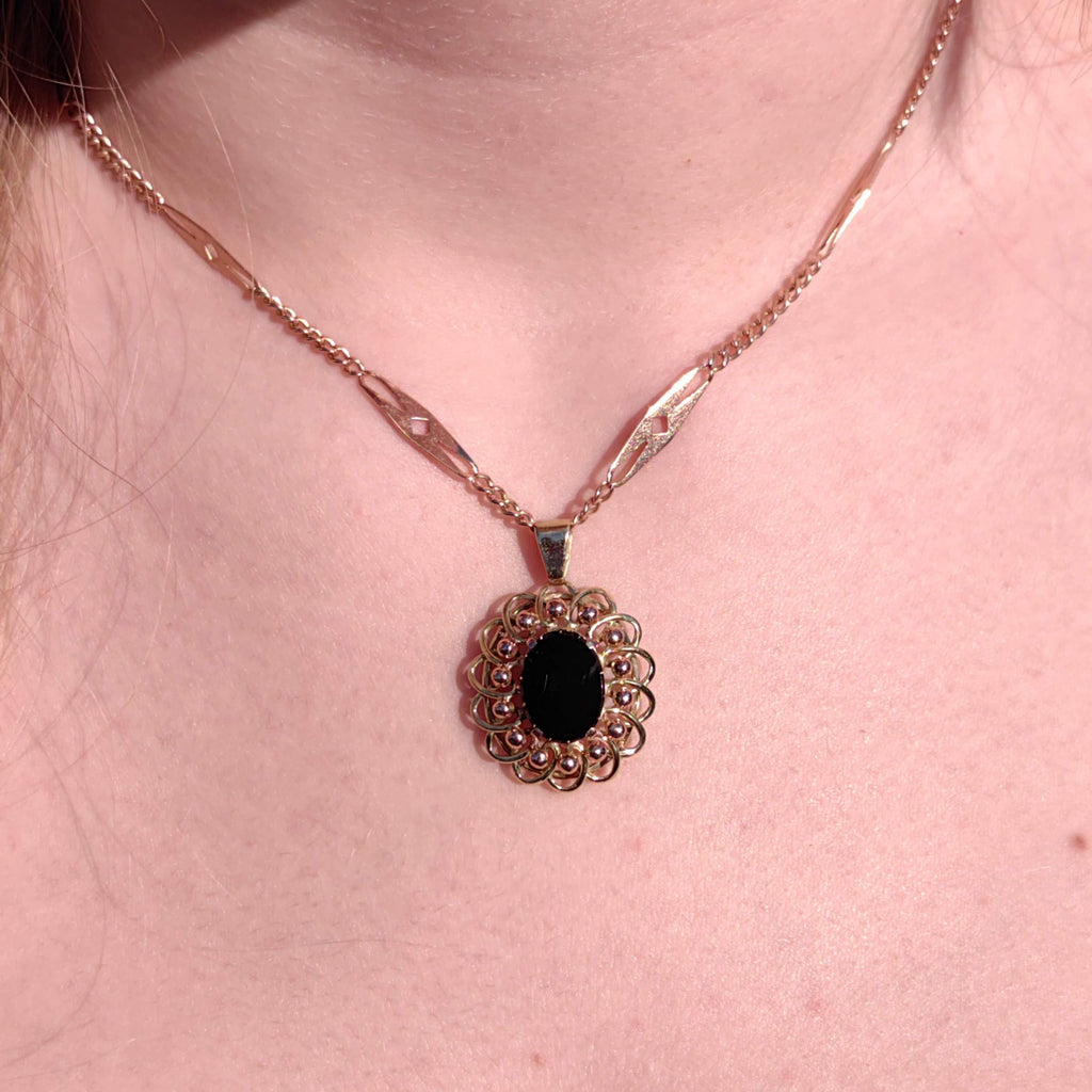 Vintage Black Onyx Yellow Gold Pendant - 1960s Statement Charm