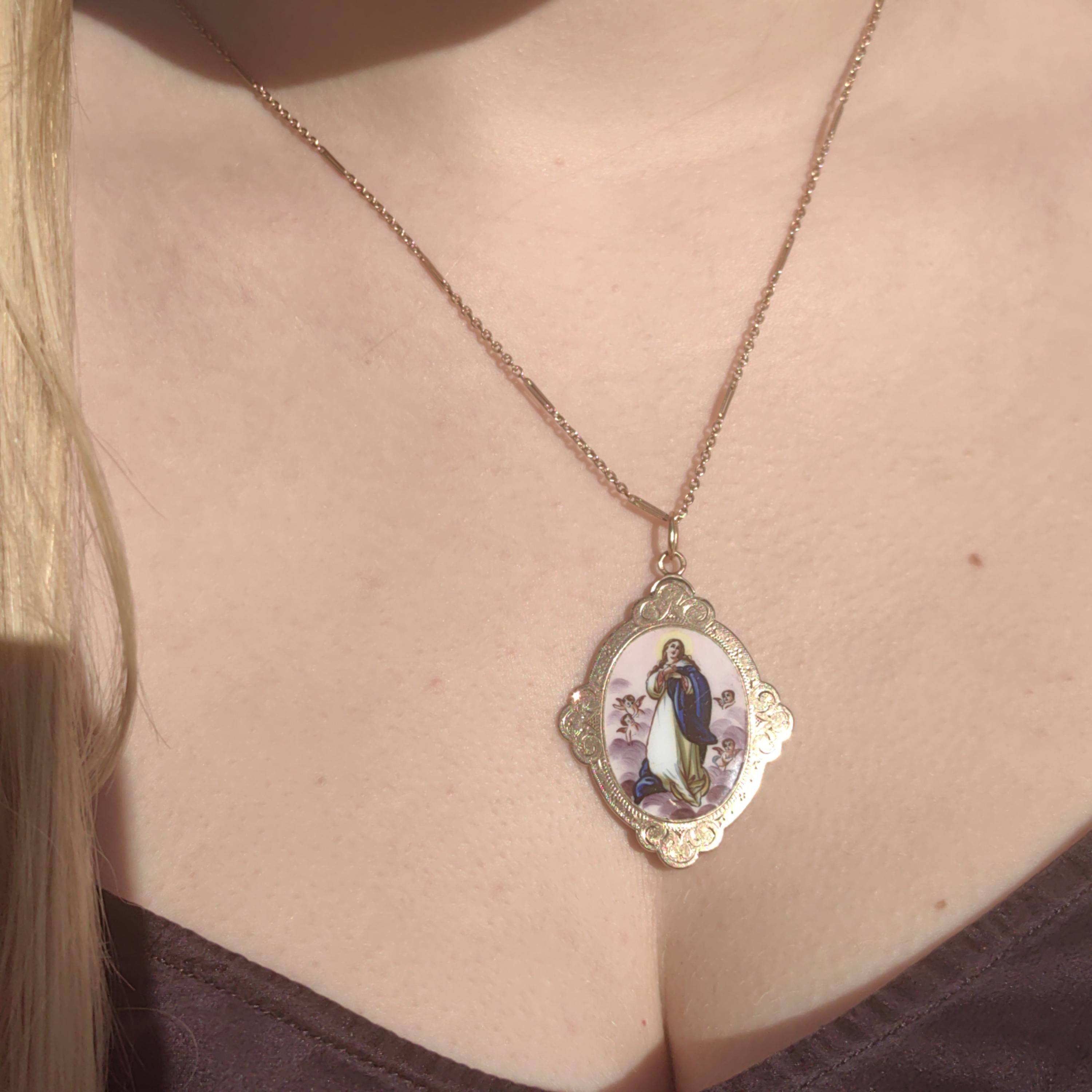 Antique 14K Gold Virgin Mary Pendant: Hand-Painted Enamel Art Nouveau