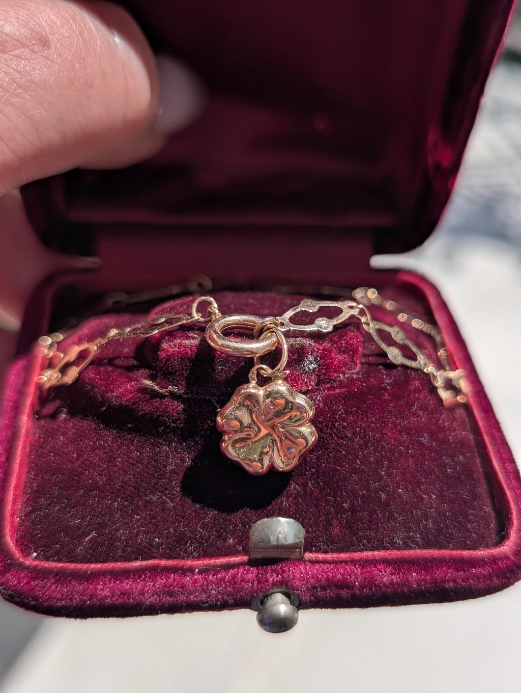 Art Nouveau Link Bracelet 14k Yellow Rose Gold Antique 1900s Four Leaf Clover Charm Bracelet Dainty Lucky Jewelry Gift HTS 9706 US duty free