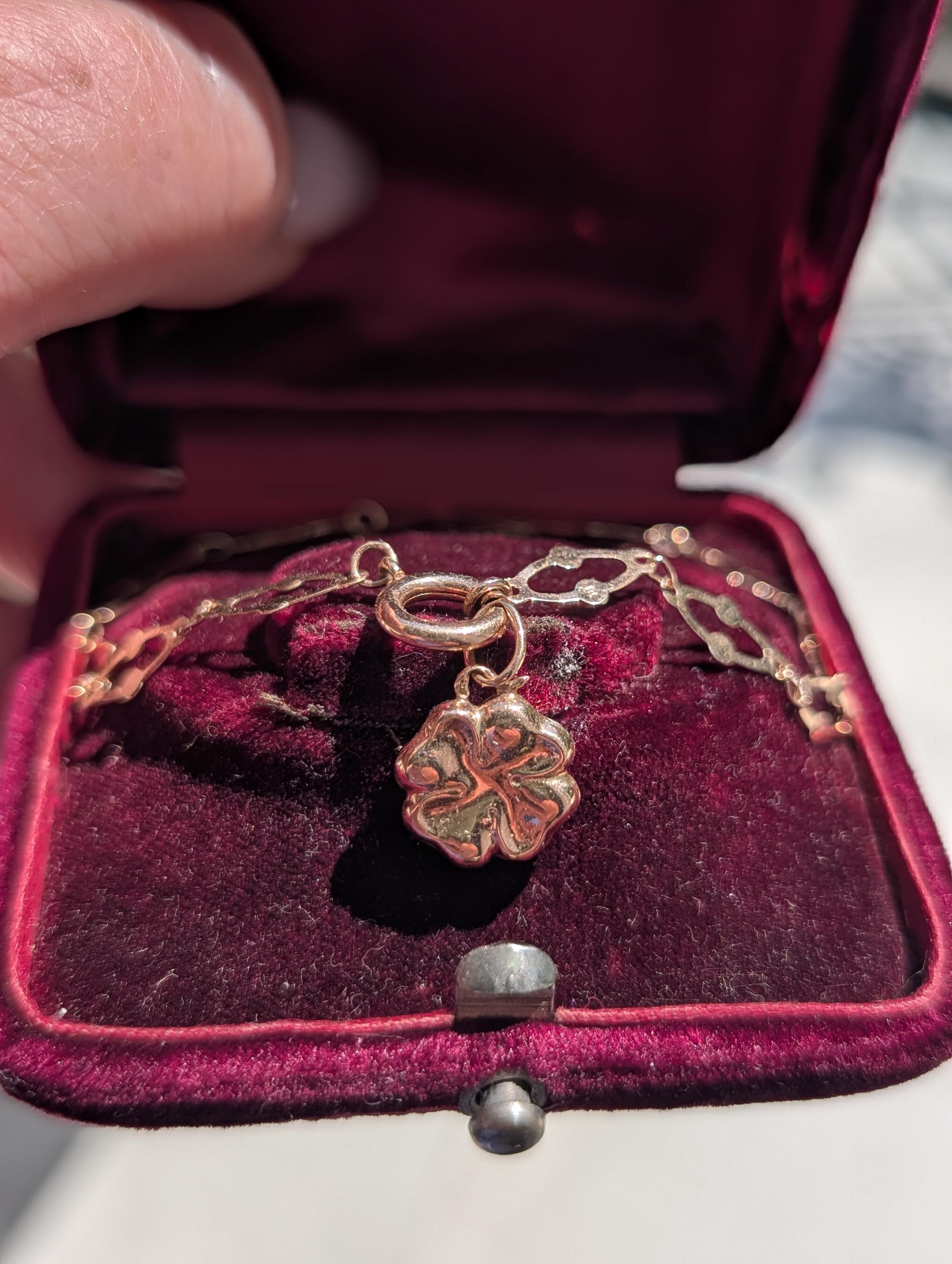 Art Nouveau Link Bracelet 14k Yellow Rose Gold Antique 1900s Four Leaf Clover Charm Bracelet Dainty Lucky Jewelry Gift HTS 9706 US duty free