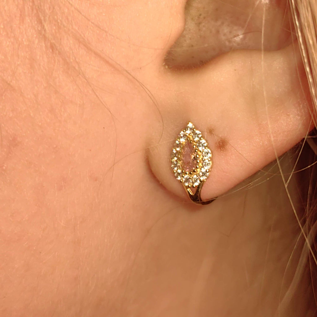 Vintage Solid Yellow Gold cubic zirconia Pink Stone Drop Floral cluster omega closure Earrings Gift for Her