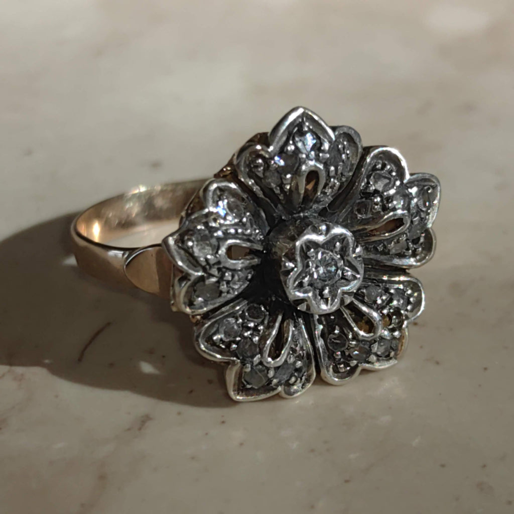 Art Deco Diamond Floral Ring: 14k Gold & Silver, 1930s Statement Ring