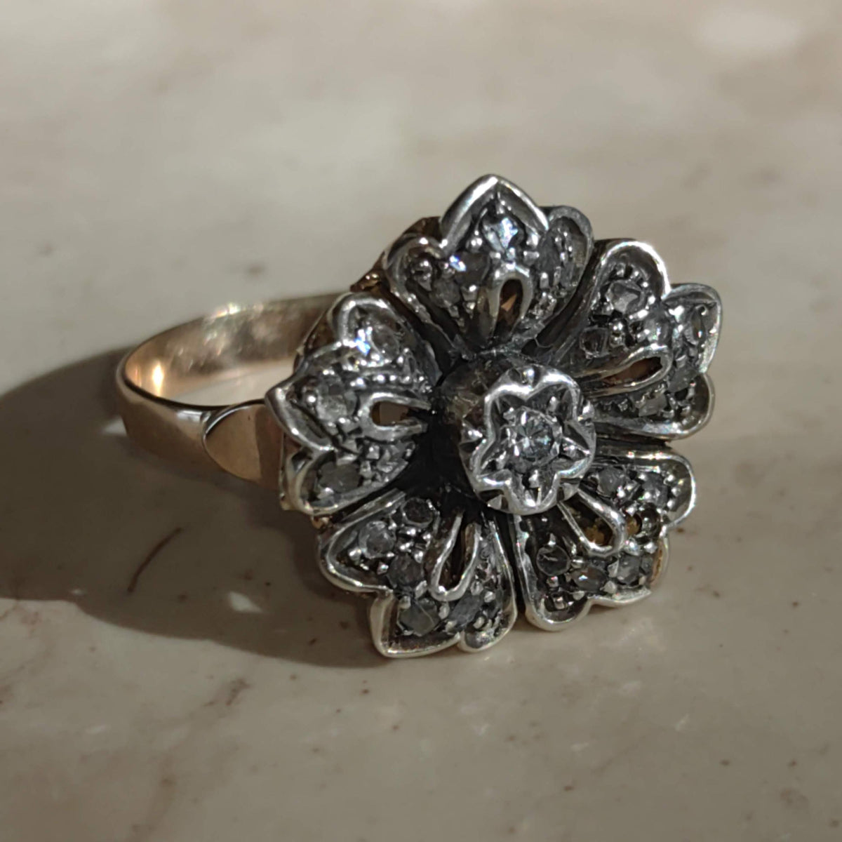 Art Deco Diamond Floral Ring: 14k Gold & Silver, 1930s Statement Ring