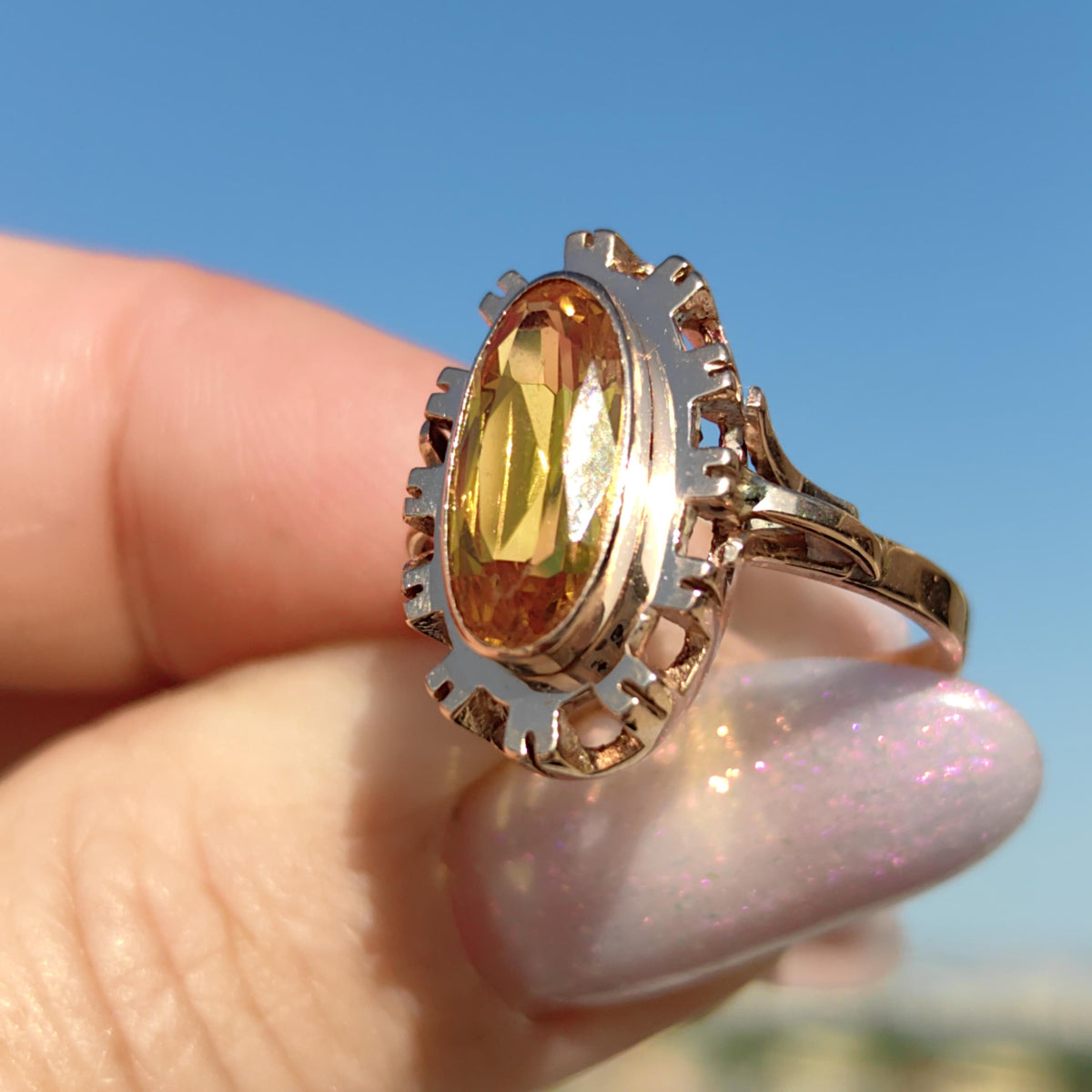 Art Deco Citrine Statement Ring: 14k Yellow & Rose Gold, 1940s Vintage