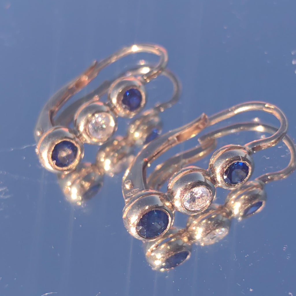 Vintage 14k Gold Sapphire Diamond Lever Back Earrings – Elegant Dainty Dormeuses