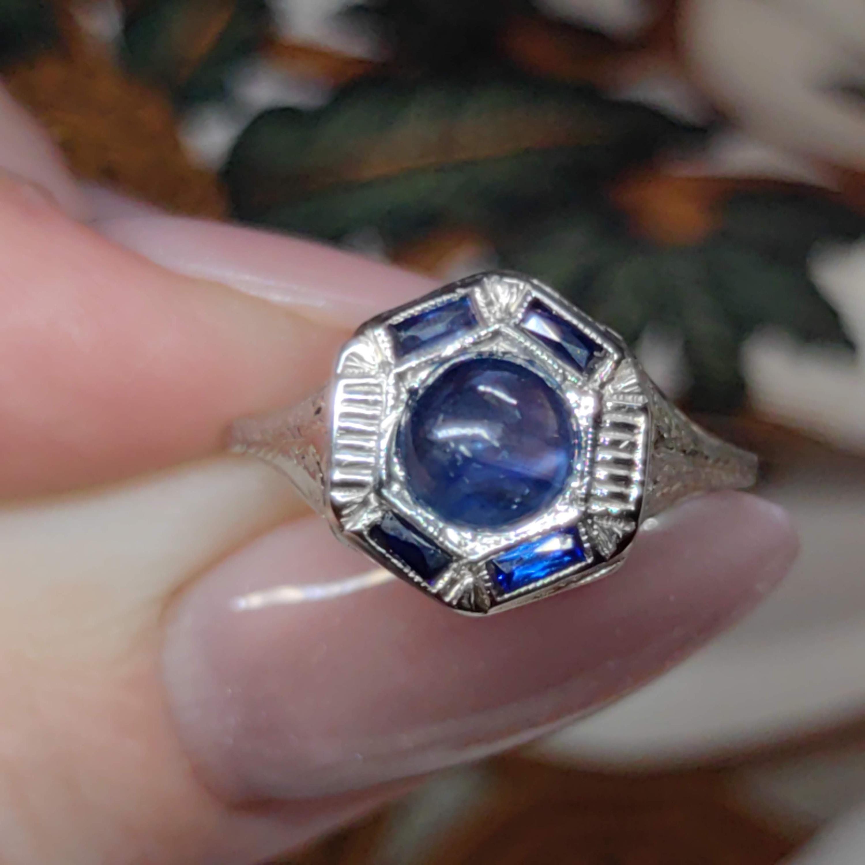 Vintage Art Deco 1920s Edwardian 14k Solid White Gold Natural Blue Star Sapphire Hand Chiselled Elegant Ring Gift for Her Present