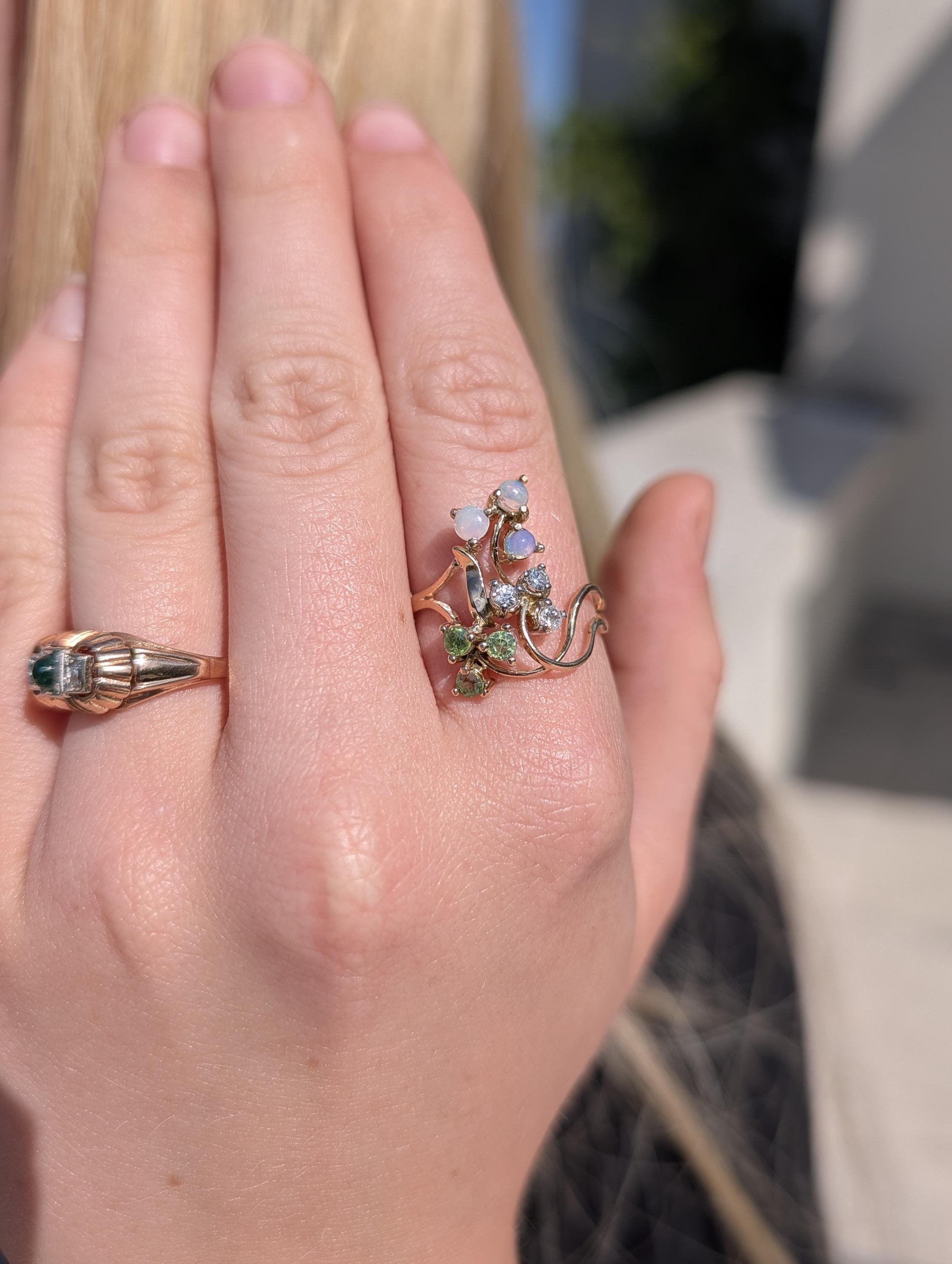 Art Nouveau 1900s Diamond Demantoid Opal Ring, 18k Yellow Gold Floral Vintage Engagement Ring, 1950s Heirloom Fine Jewelry Gift US 8.5