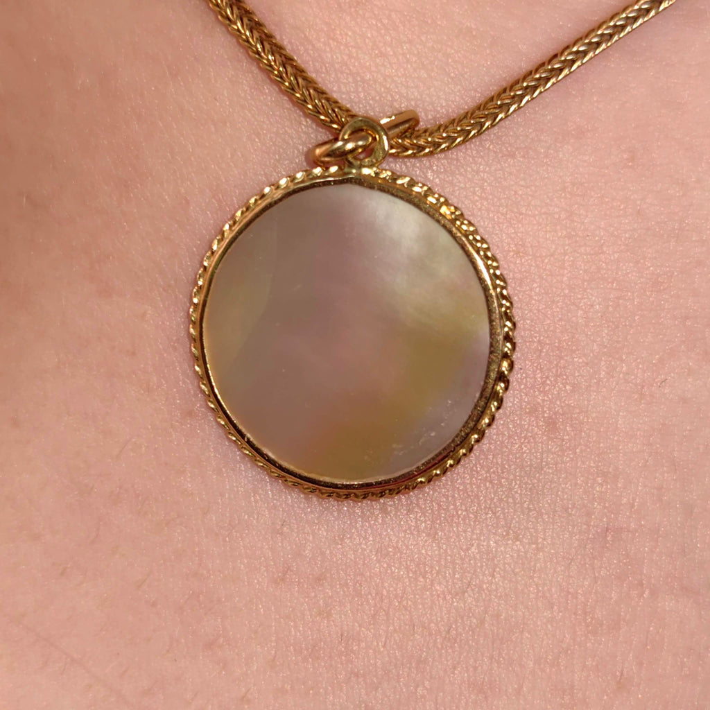 Vintage 1970s Hand Carved Mother of Pearl 18k Gold Pendant