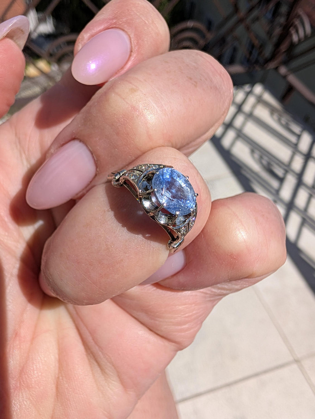 1910s Edwardian Natural Sapphire Diamond Ring 14k White Gold Cornflower Genuine Blue Sapphire Engagement Art Deco, Size 7.5 US.