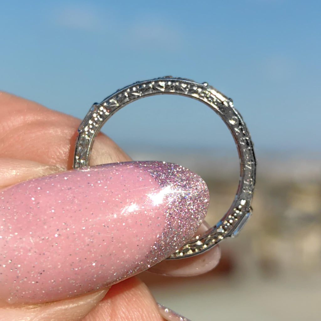 Art Deco Diamond Eternity Ring: 14K Gold Wedding Band, 1930s Floral Design