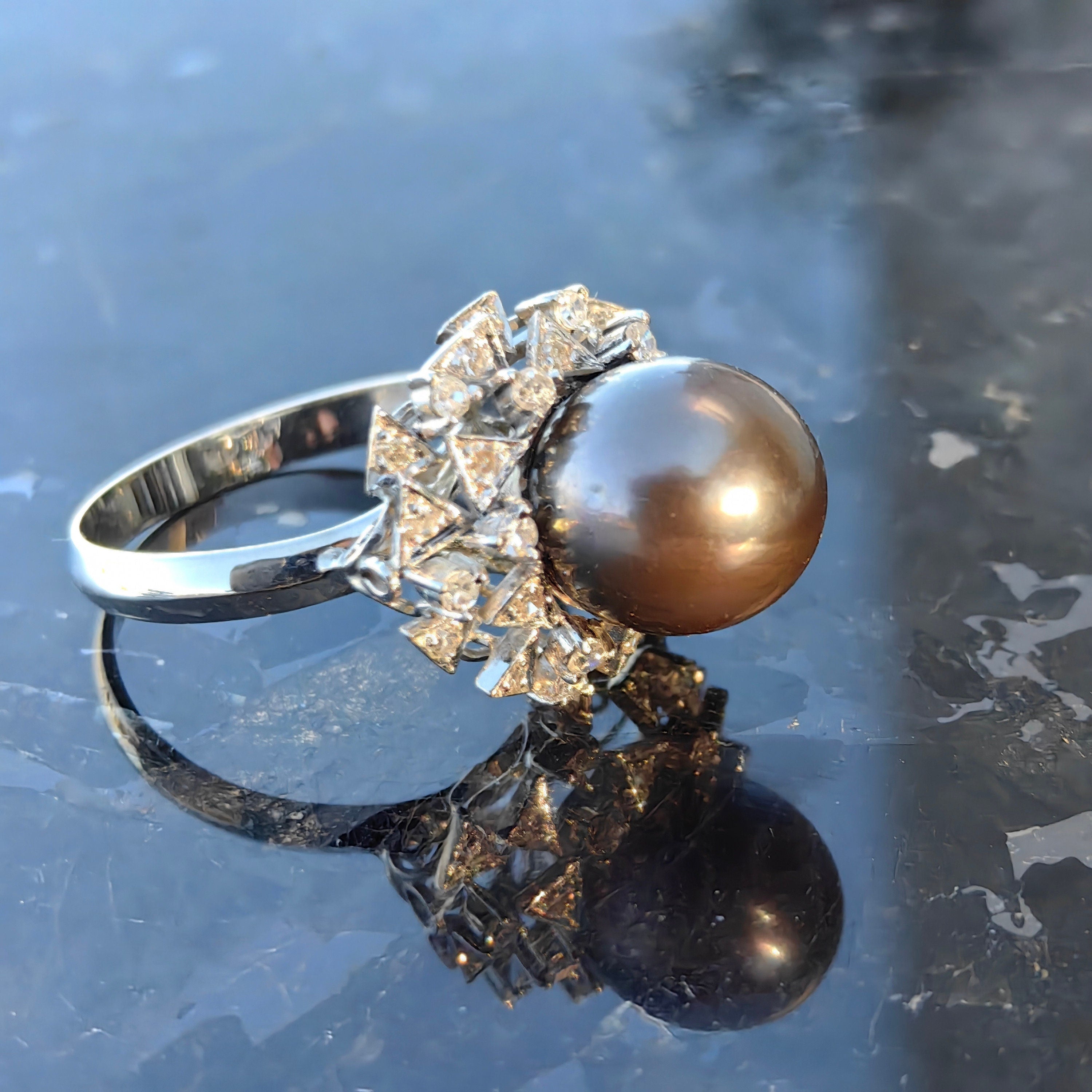 Vintage 1960s Tahitian Pearl and Diamond 18k White Gold Ring