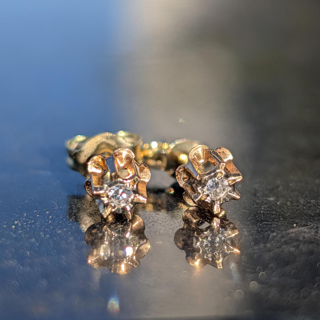 Vintage 14k Gold Diamond Stud Earrings, Dainty Single Cut Diamond Push Back Earrings, 4mm Elegant Gift for Her