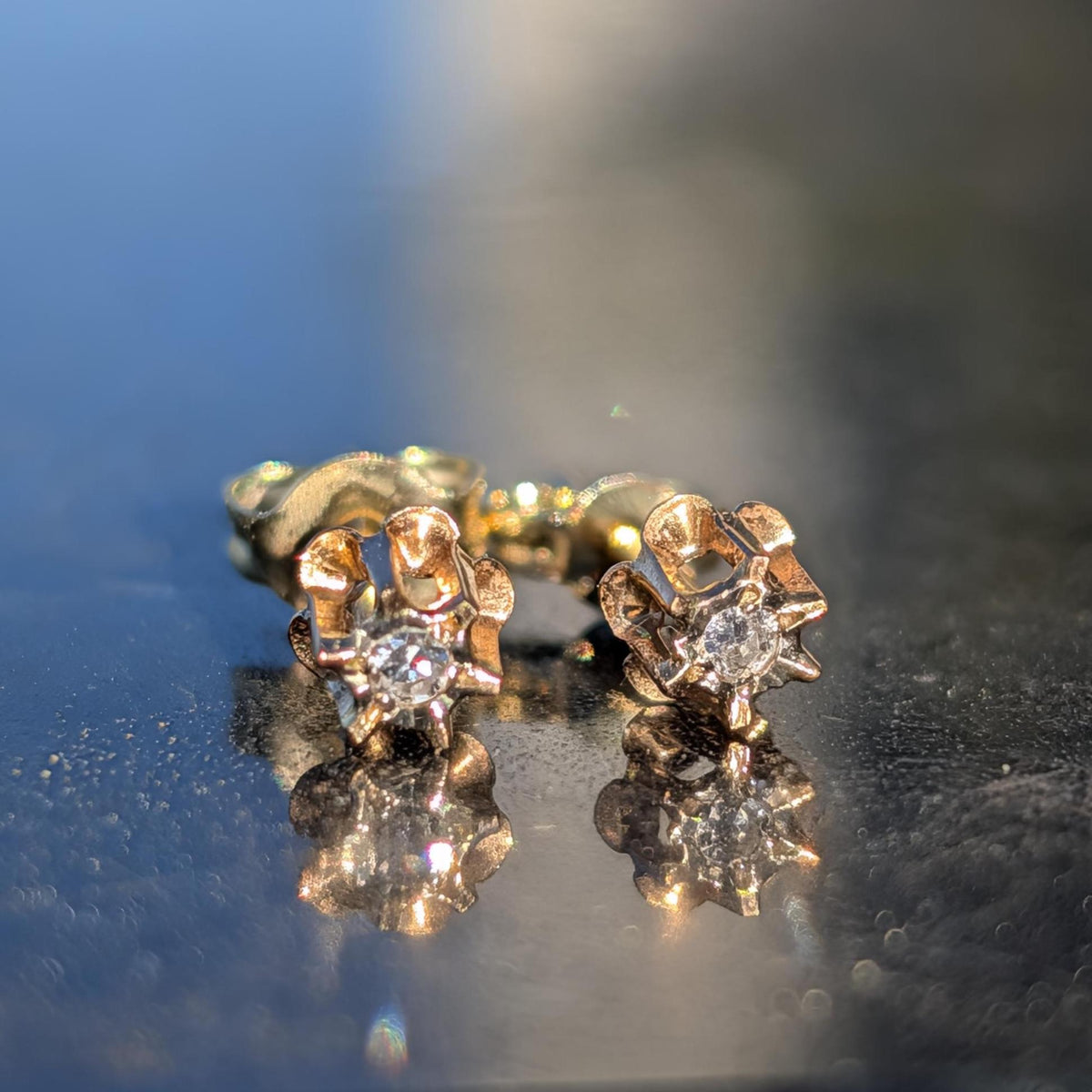 Vintage 14k Gold Diamond Stud Earrings, Dainty Single Cut Diamond Push Back Earrings, 4mm Elegant Gift for Her