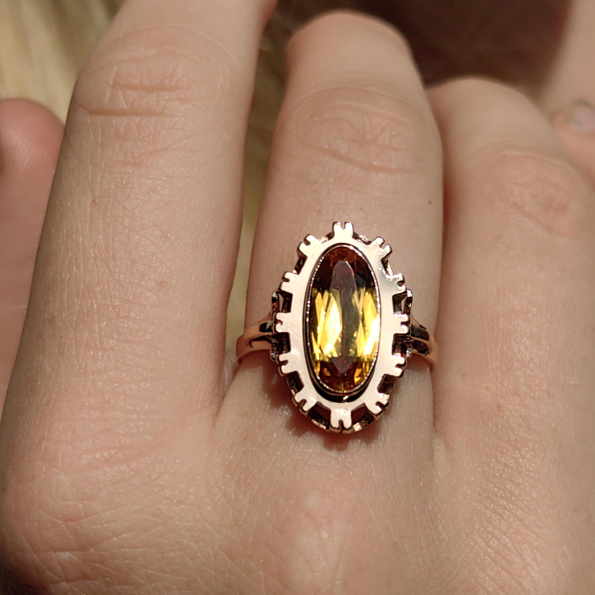 Art Deco Citrine Statement Ring: 14k Yellow & Rose Gold, 1940s Vintage