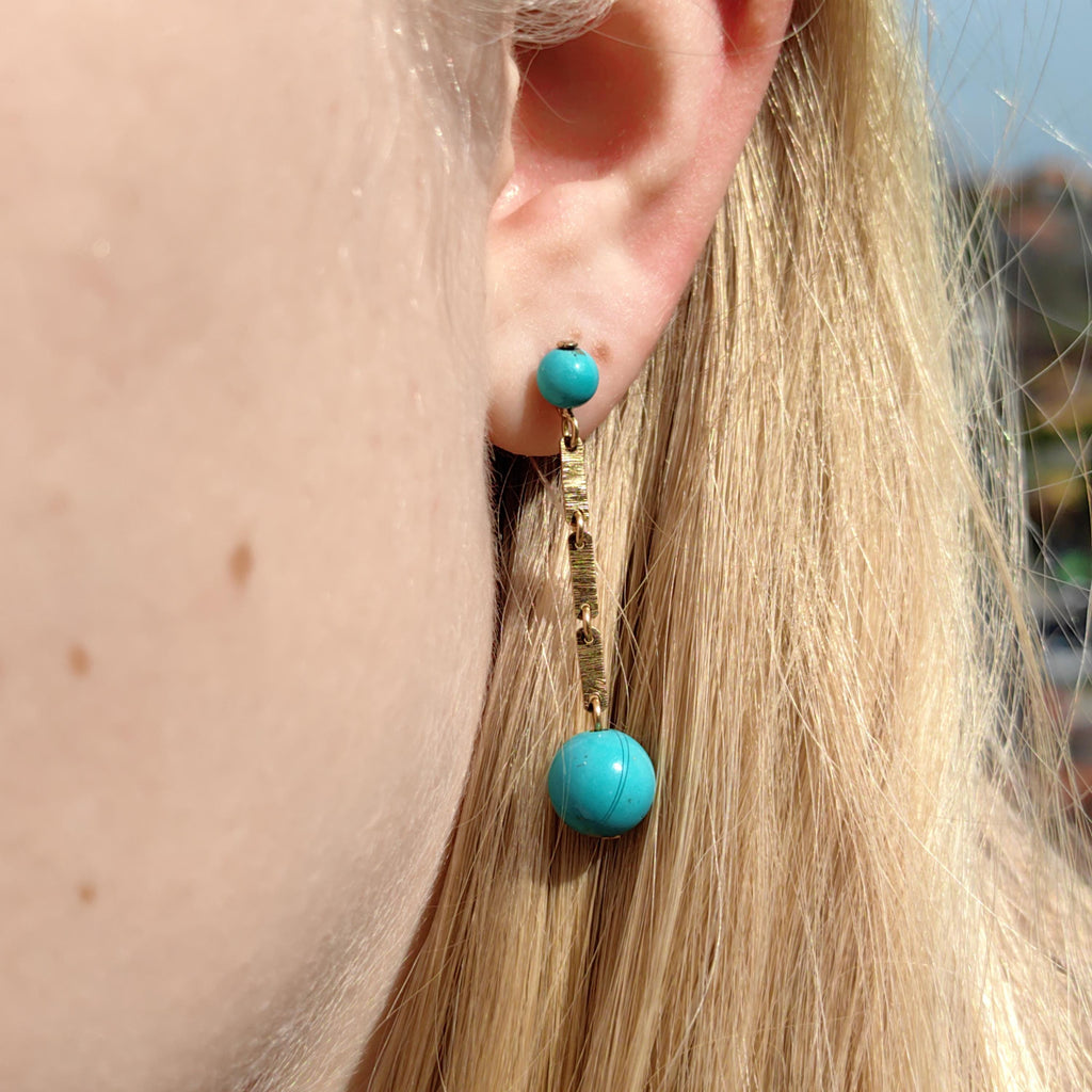 Vintage 1950s Turquoise 18K Gold Dangle Earrings