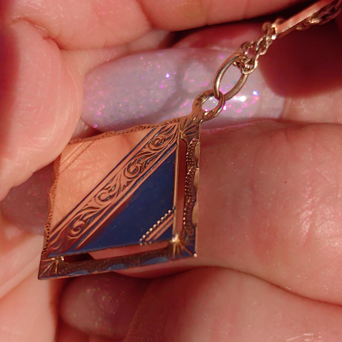 14k hallmarked Solid Yellow Rose Champagne Gold Square Painting Hand Chiseled Pattern Floral Vintage Antique 1900s Victorian Charm Pendant