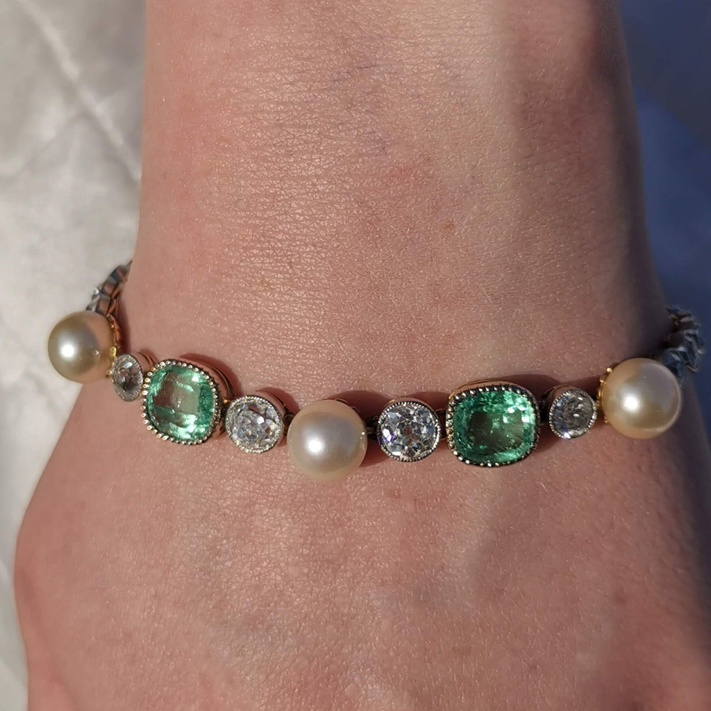 Victorian 18k Gold Bracelet: Antique Diamond, Emerald & Pearl Art Nouveau Jewelry