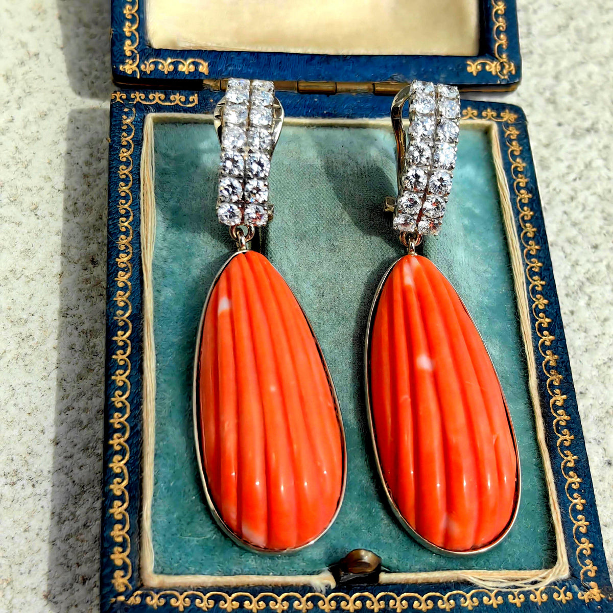 Vintage 1960s Natural Coral Diamond Dangle Earrings, 18K White Gold, 1.96ct, Carved Coral