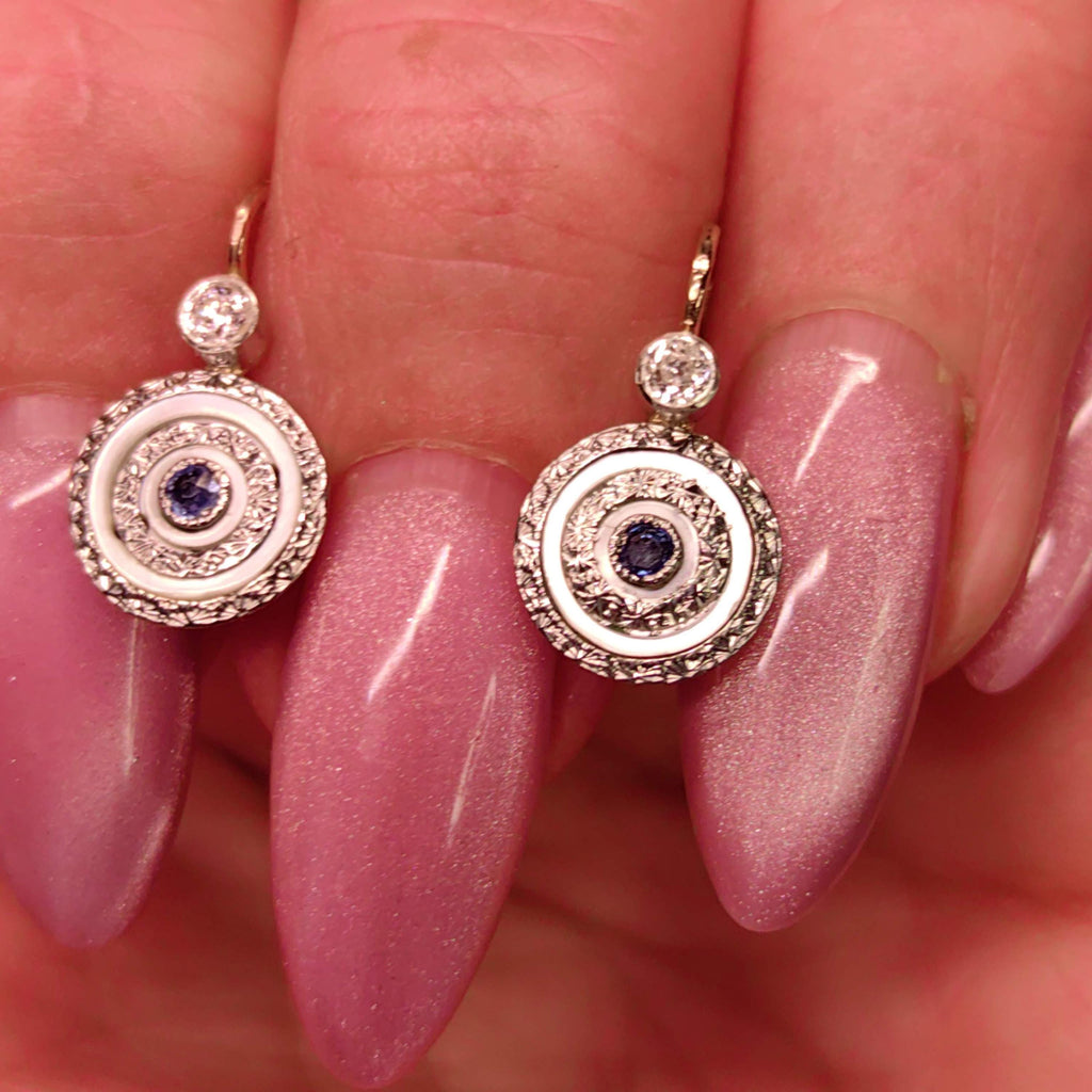 1920s Art Deco Antique Diamond and Sapphire Solid Yellow Gold Elegant Statement Earrings Lever Back Closure Gift for Her