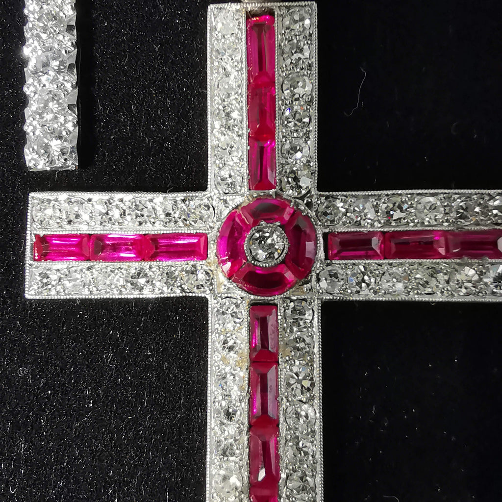 Huge Diamond and Ruby Platinum Vintage Edwardian Cross Pendant