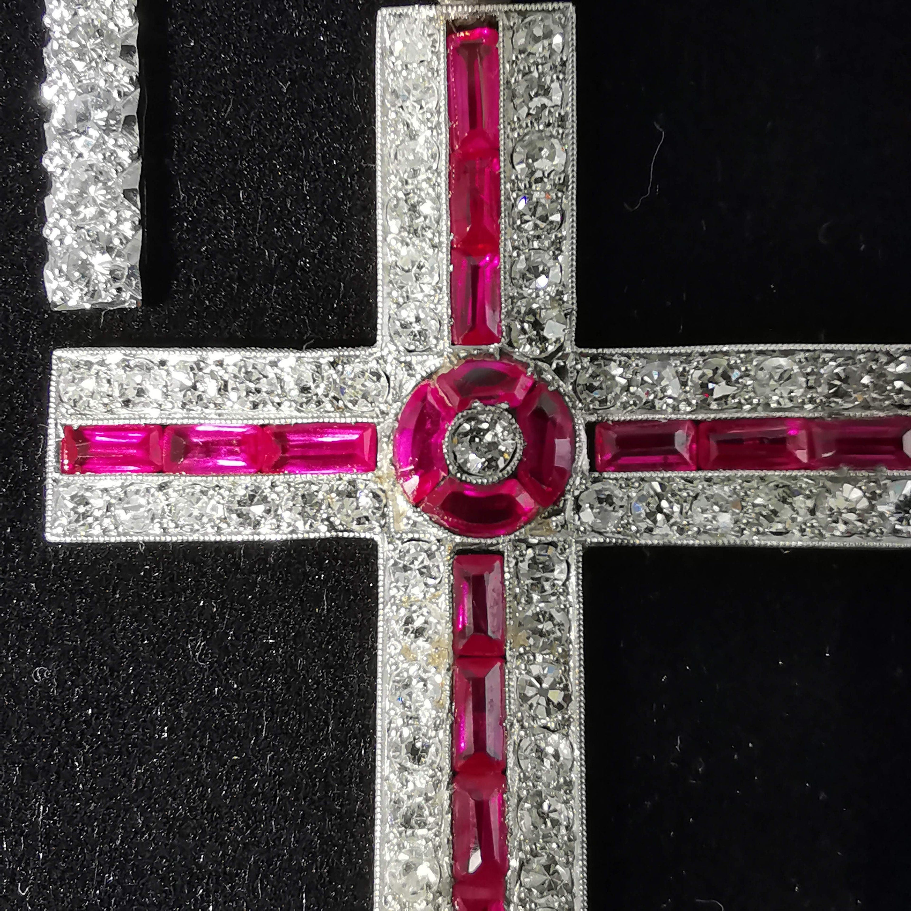 Huge Diamond and Ruby Platinum Vintage Edwardian Cross Pendant