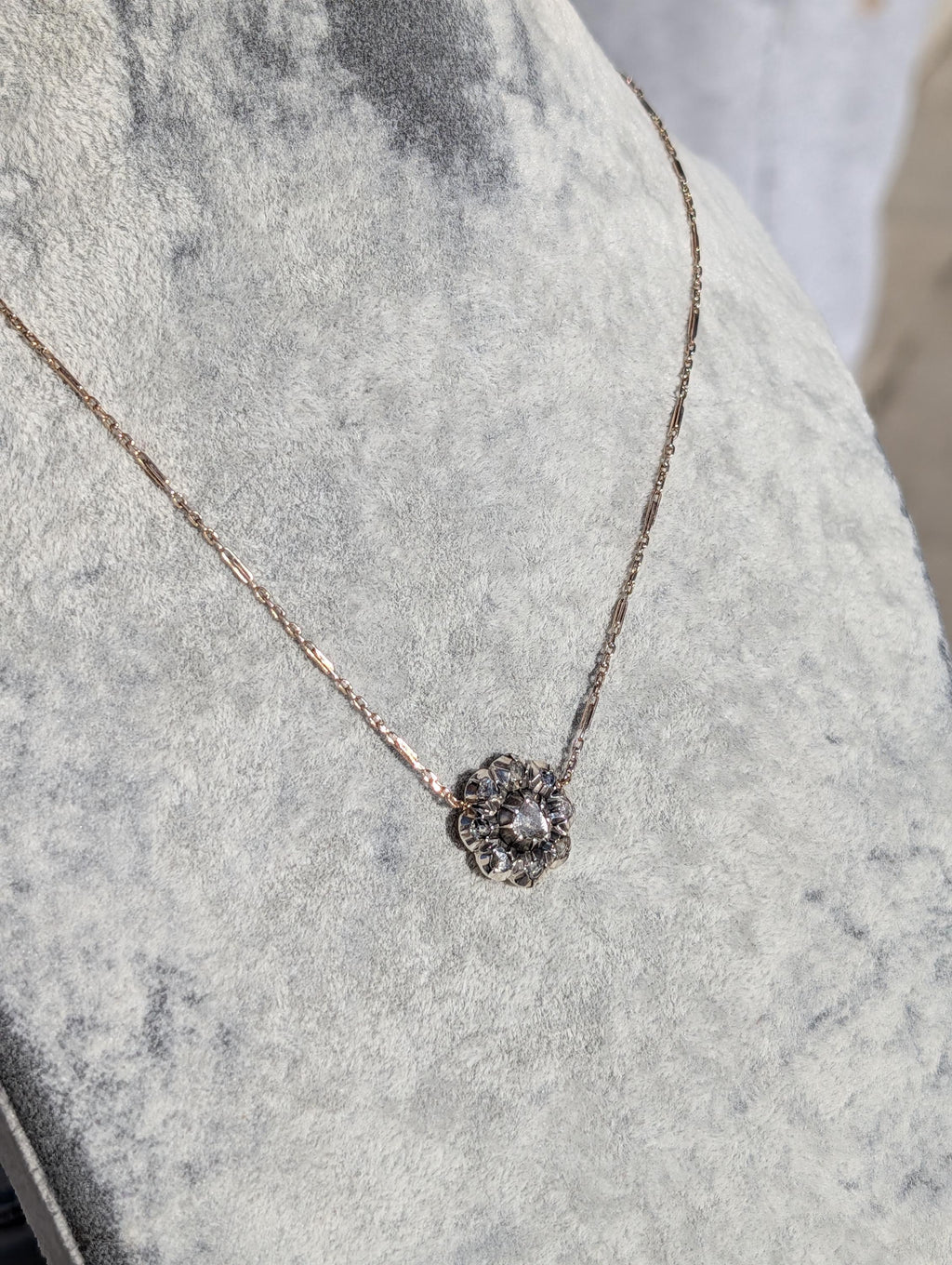 Antique Rose Cut Diamond Pendant Necklace 14k Yellow Rose Gold Silver Setting, Victorian 1880s Floral Romantic Gift for Her