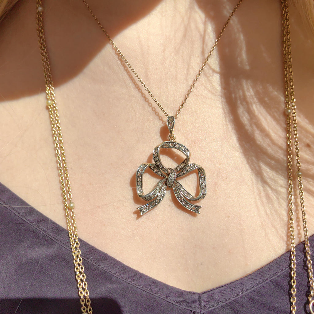 Rose Diamond Solid  Hallmarked Yellow Gold Bow Statement Necklace Pendant, Antique Victorian 1880s Elegant Dainty Gift for Her
