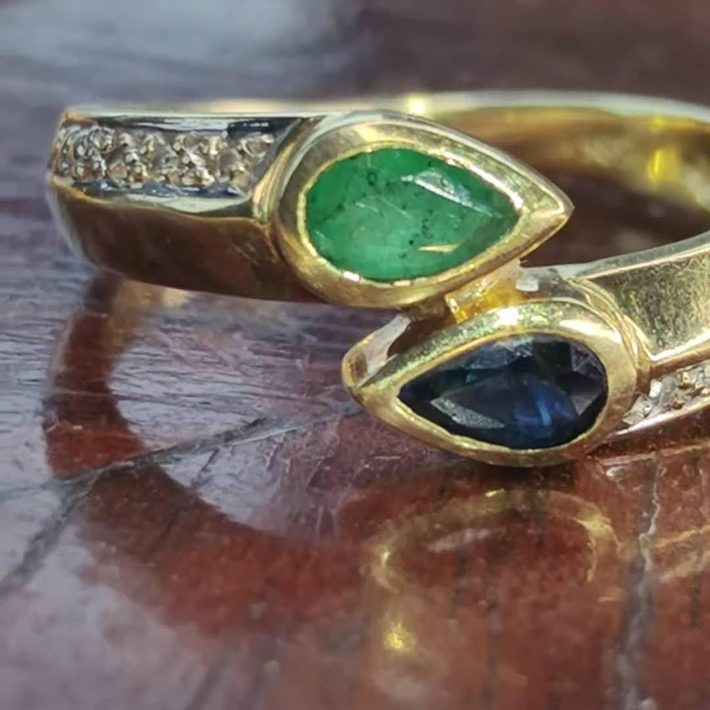 RESERVED for K.!!Vintage 14k Solid yellow Gold Natural green Emerald Blue Sapphire  Diamond Ring:Dainty Stackable Band Engagement Ring Gift