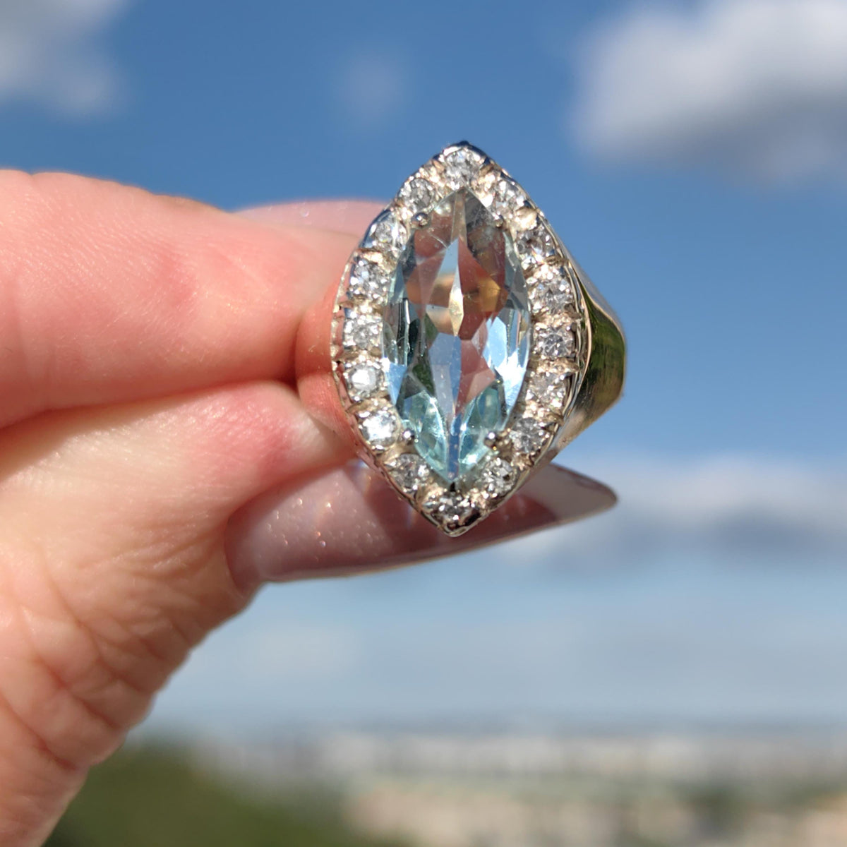 Vintage Art Deco Aquamarine Diamond Ring: 14k Yellow Gold Marquise Cut
