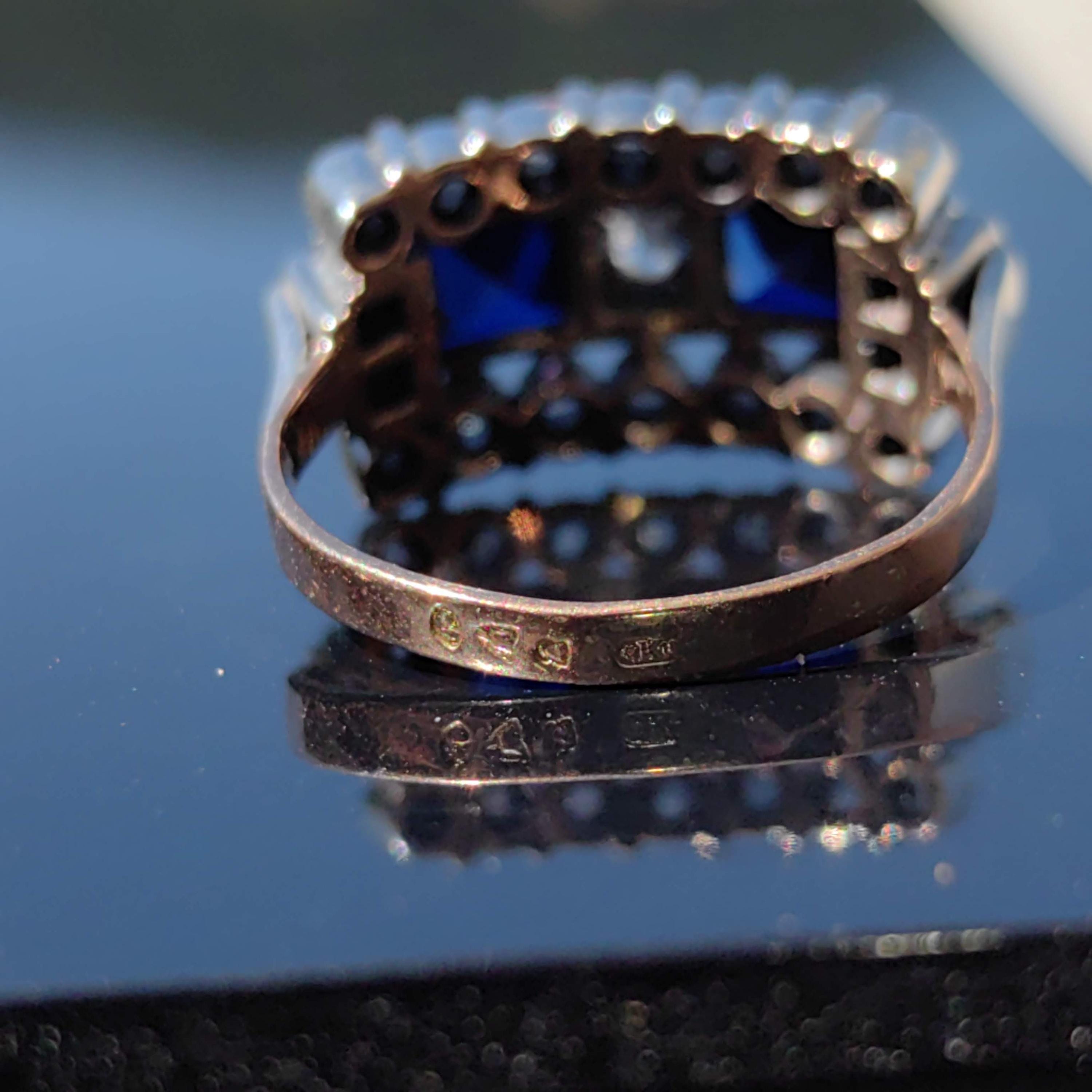 Art Deco 18k Gold Ring: Lab Sapphire & Diamond Chevalier Ring