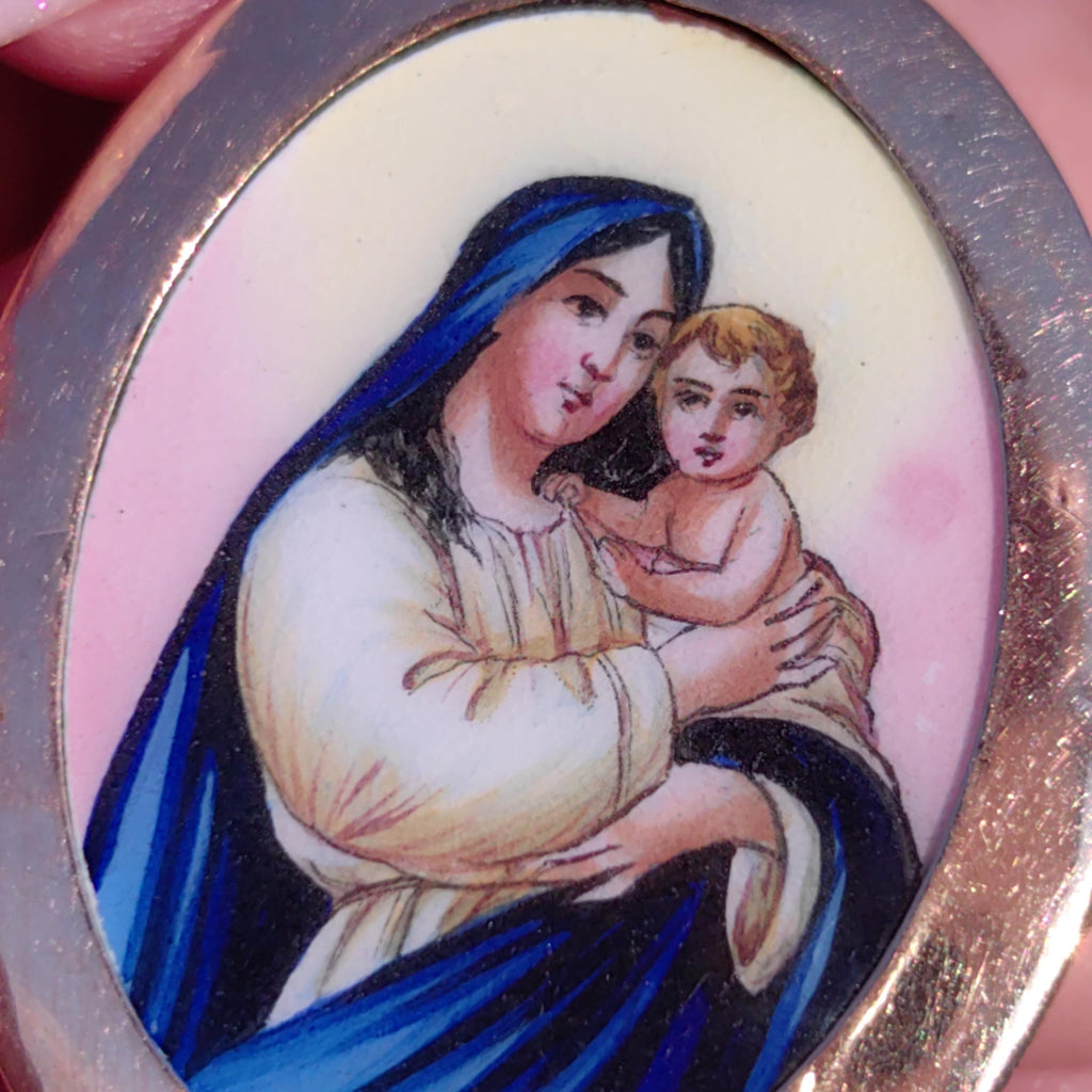 Antique 14k Gold Virgin Mary Pendant: Hand-Painted Enamel Art Nouveau