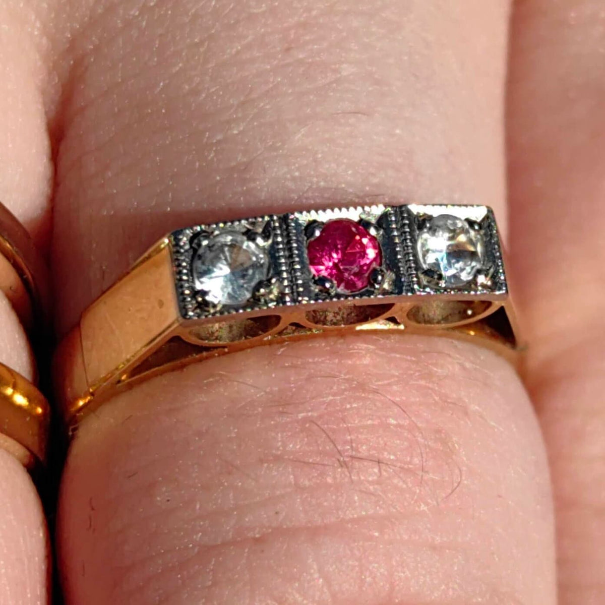 Art Deco 1920s Natural red Ruby, Old European Cut Diamon d 18K Solid Yellow Gold Hallmarked Ring, Antique Vintage Retro Band, UD size 6.5