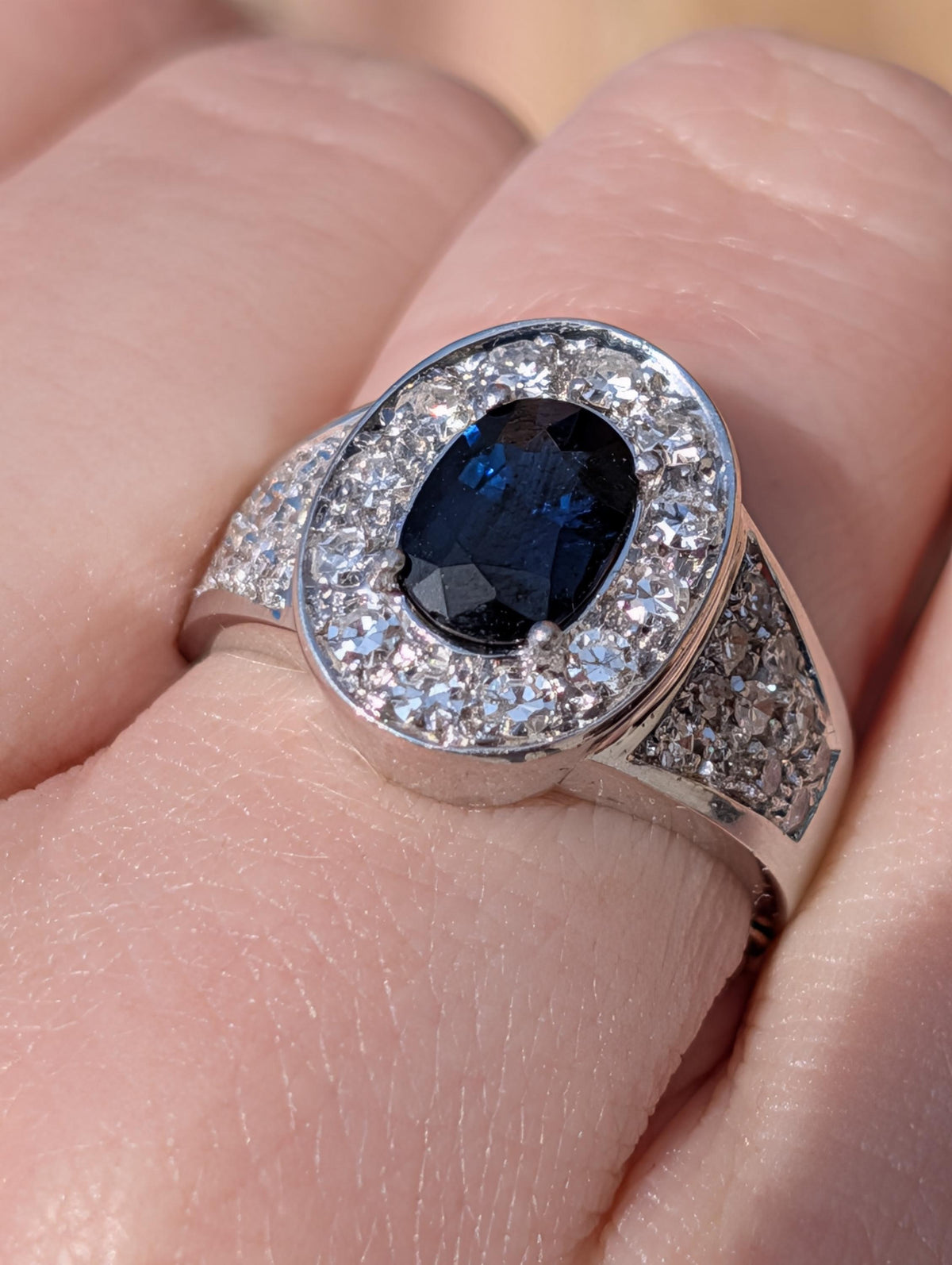 Natural Sapphire Diamond 18k 750 Hallmarked Solid White Gold Mid Century Engagement Ring, Vintage Antique Elegant Ring Gift for Her