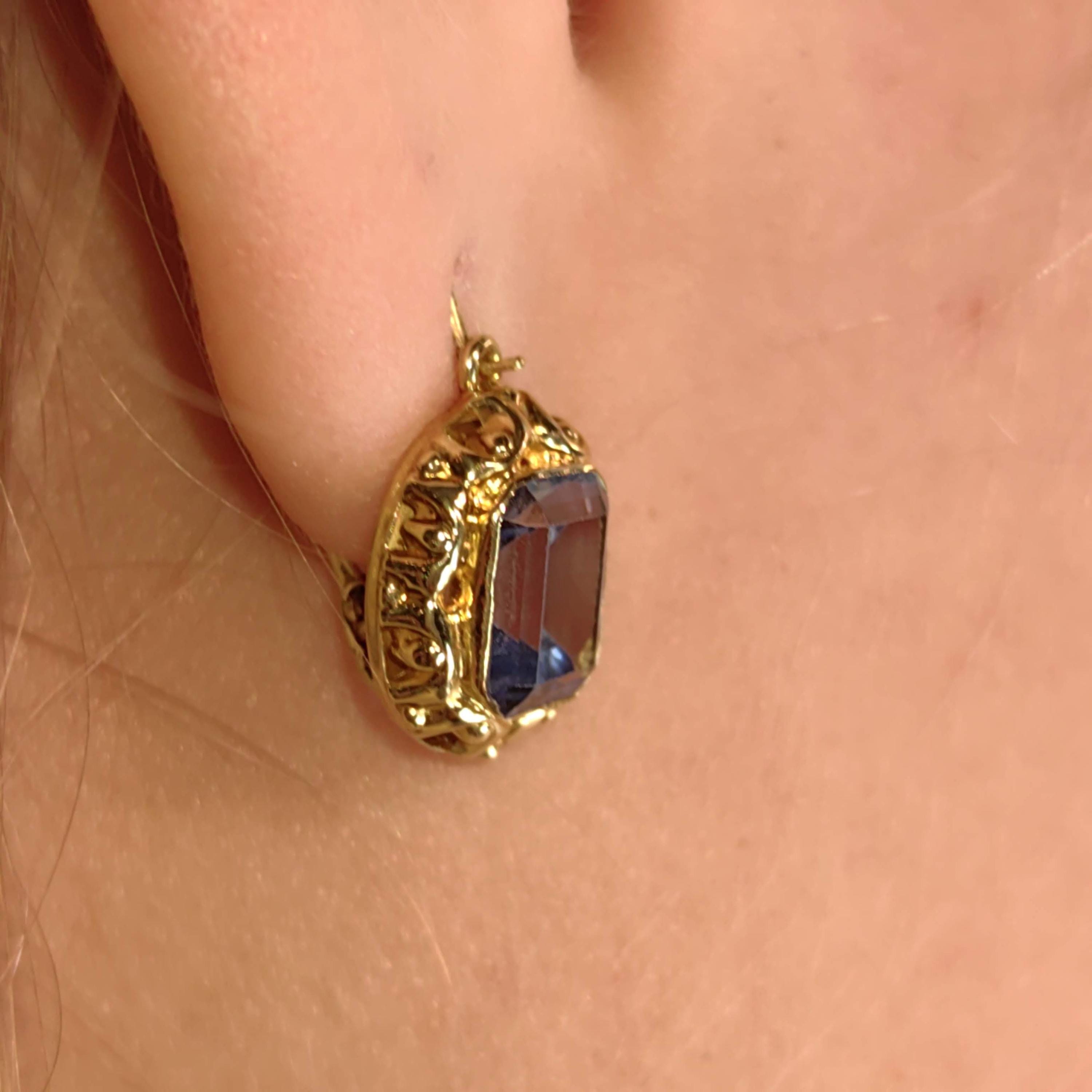 1940s Late Art Deco Aquamarine 14k Yellow Gold Earrings, Antique Vintage Dangle Statement Earrings, Gift for Her