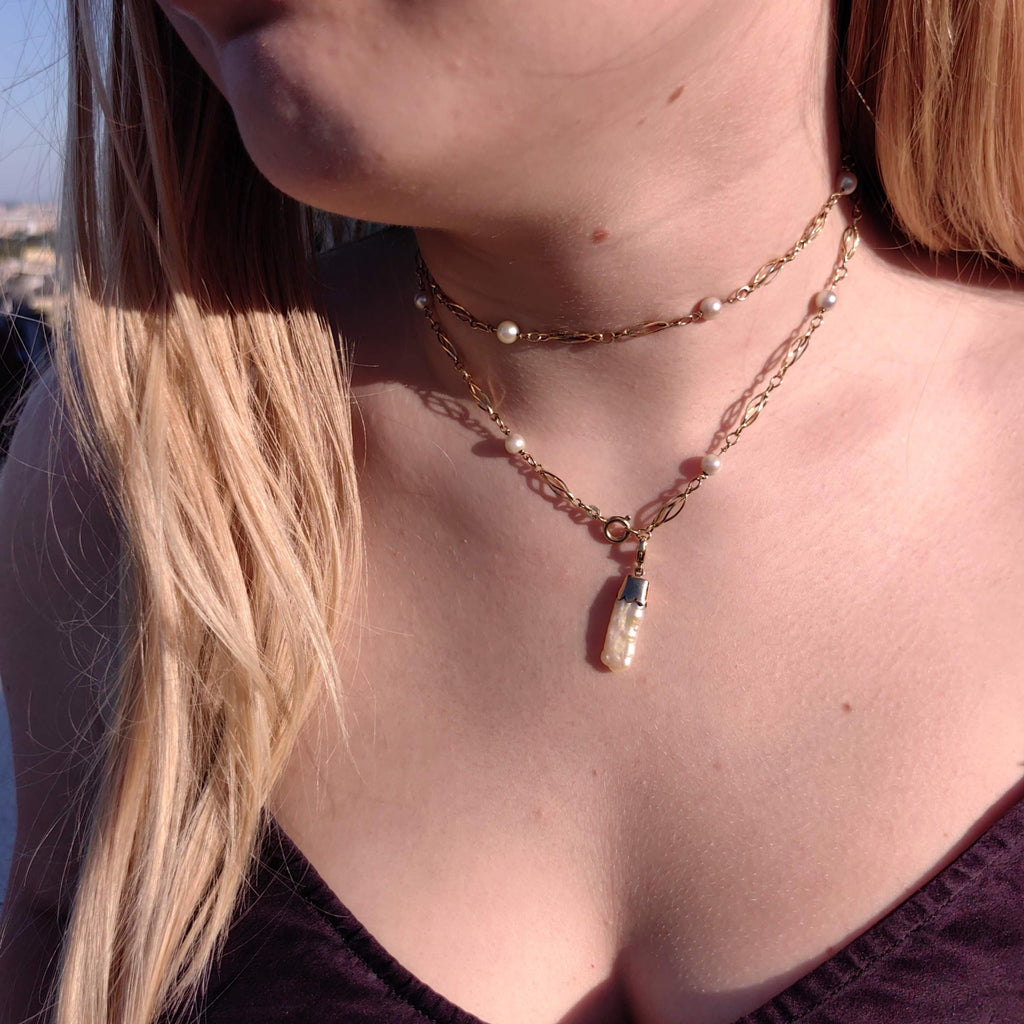 Vintage 1930s Art Deco Pearl Pendant: 14K Yellow Gold Charm