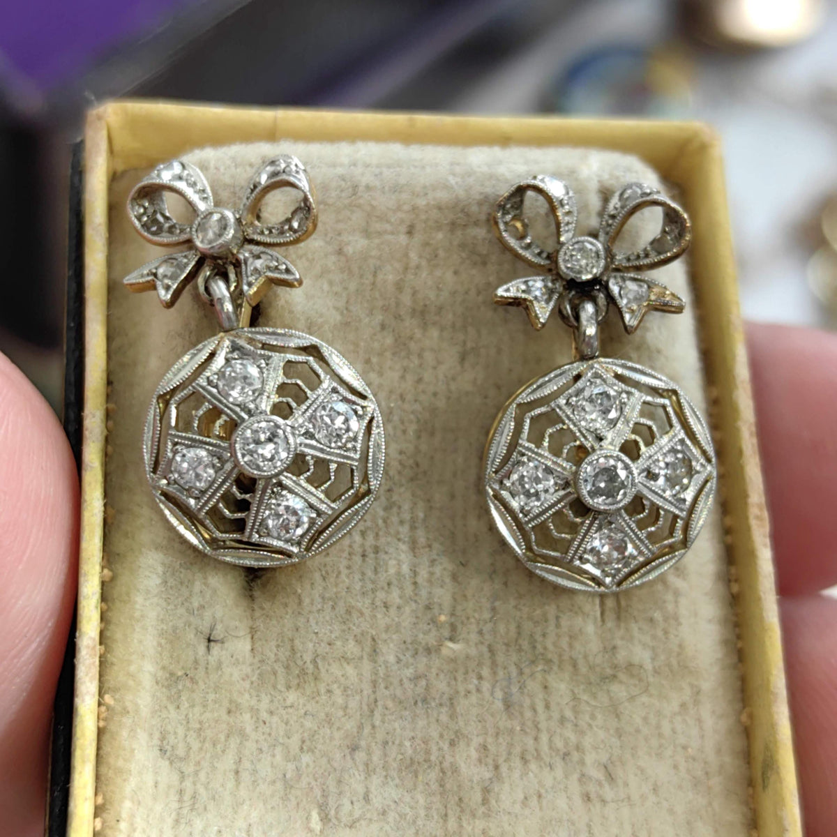 Art Deco Diamond Bow Earrings: 18k Gold Dangle Earrings, 1920s Vintage Style