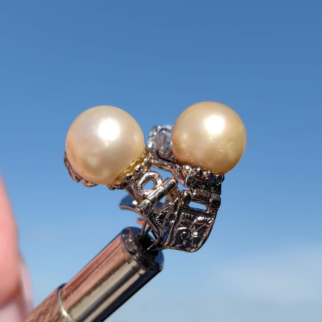 Art Deco Pearl Earrings: White Sapphire 18k White Gold, Handmade 1930s Style