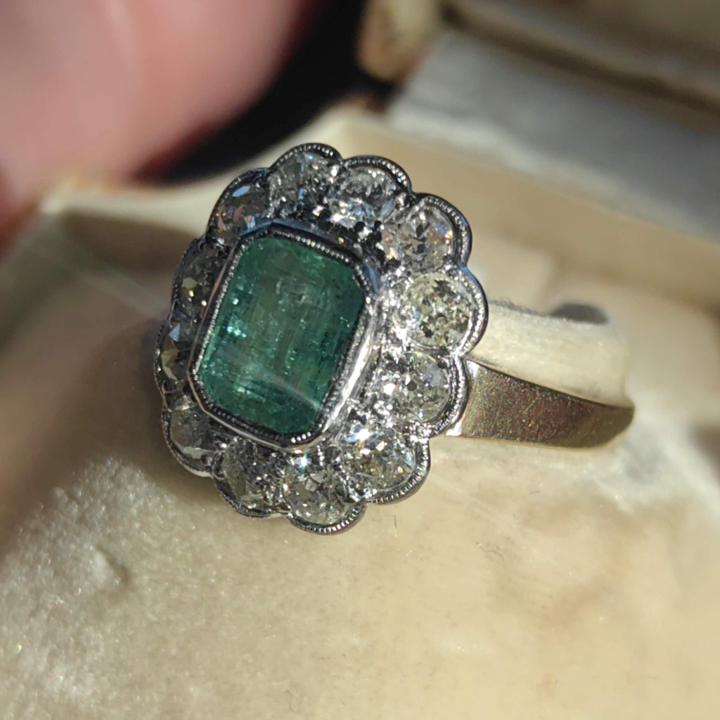 Antique 14k Solid Yellow Gold Natural Green Emerald Diamond 1900s Victorian Elegant Vintage Statement Ring Gift for Her